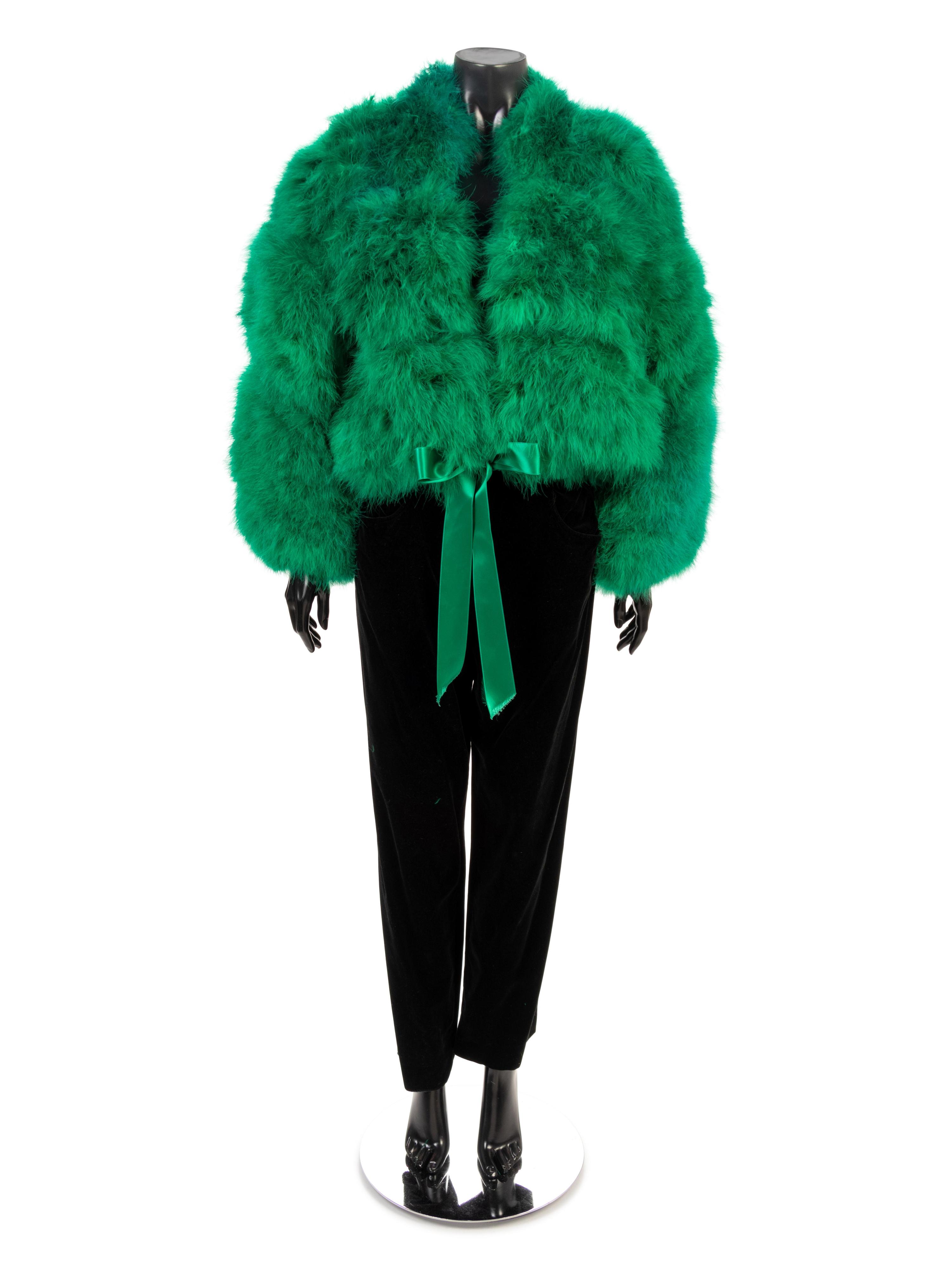 Yves Saint Laurent Velvet Pants with Green Feather Jacket, 1980-90s