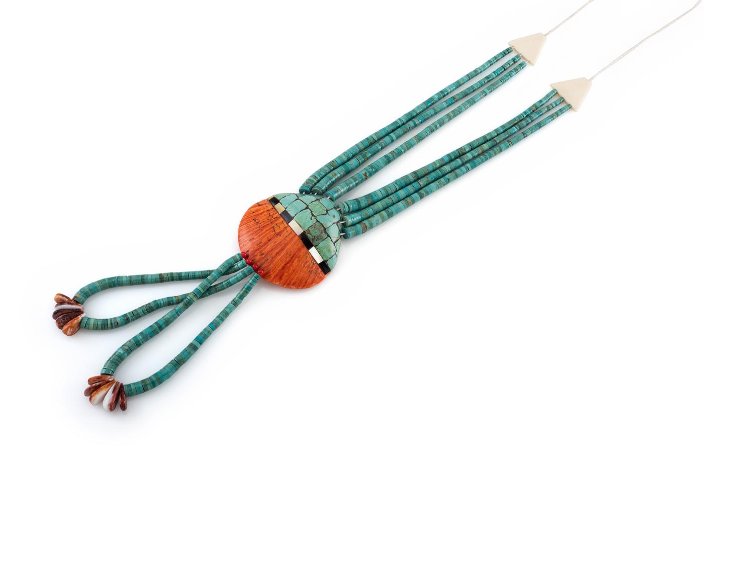 Kewa Multi-strand Rolled Turquoise and Inlaid Spiny Oyster Shell Necklace