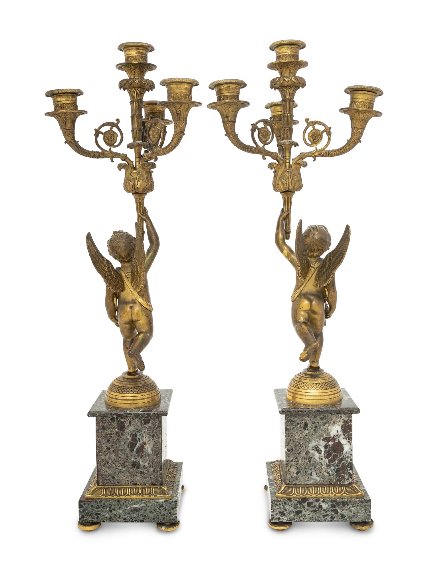 A Pair of Empire Style Gilt Bronze and Marble Four-Light Candelabra