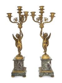 A Pair of Empire Style Gilt Bronze and Marble Four-Light Candelabra