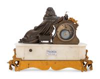 A French Porcelain Mounted Gilt and Patinated Bronze Figural Clock