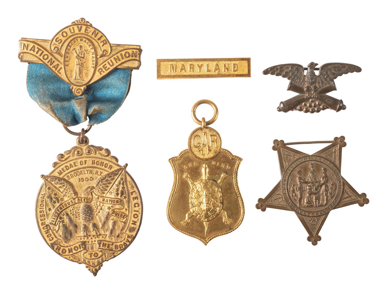 [CIVIL WAR]. A group of ribbons and medals identified to Captain William Taylor, Co. E, 1st Maryland Infantry, WIA Front Royal, POW Weldon Railroad, and Medal of Honor recipient.