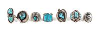 Seven Southwestern Silver and Turquoise Rings