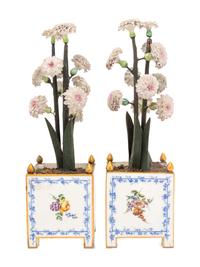 A Pair of Vincennes Gilt-Metal Mounted Porcelain Orange Tubs ( Caisses à Fleurs Carr é es, 2ème Grandeur ) Fitted with Porcelain Flowers on Papier- Mâché Stems