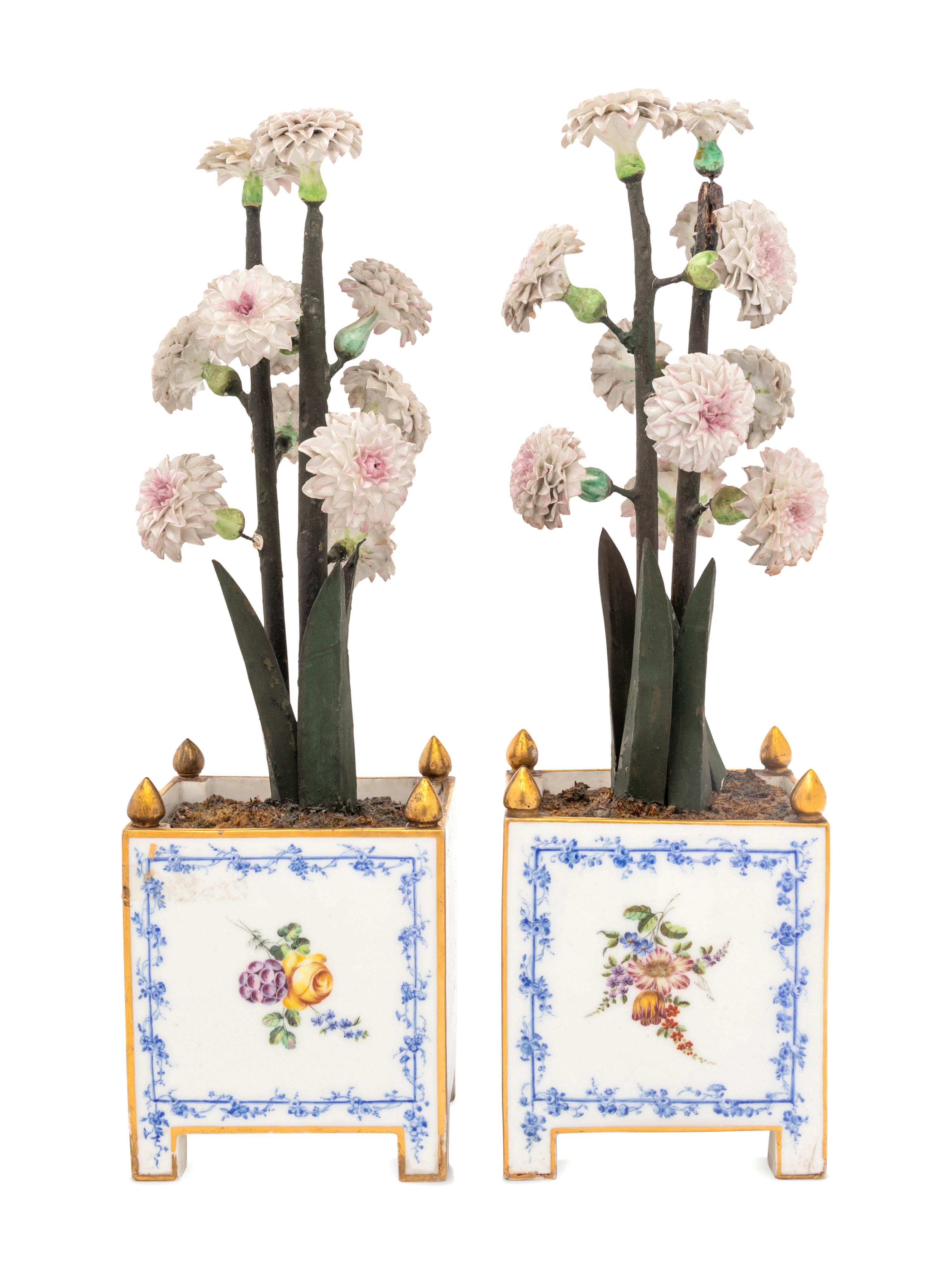 A Pair of Vincennes Gilt-Metal Mounted Porcelain Orange Tubs ( Caisses à Fleurs Carr é es, 2ème Grandeur ) Fitted with Porcelain Flowers on Papier- Mâché Stems