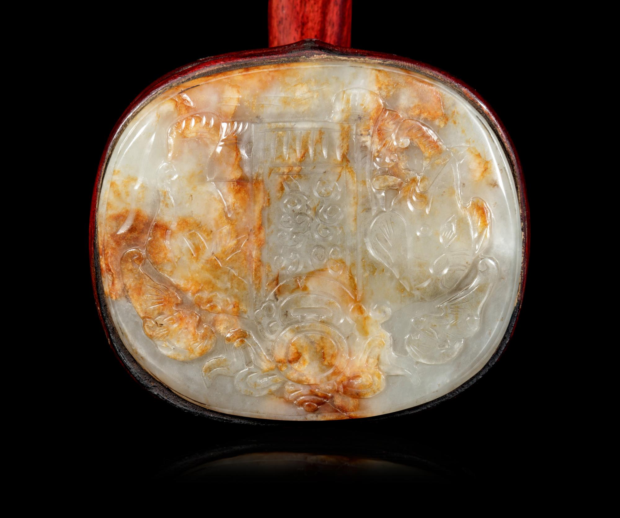A Chinese Russet and Celadon Jade Inset Hardwood Ruyi Scepter