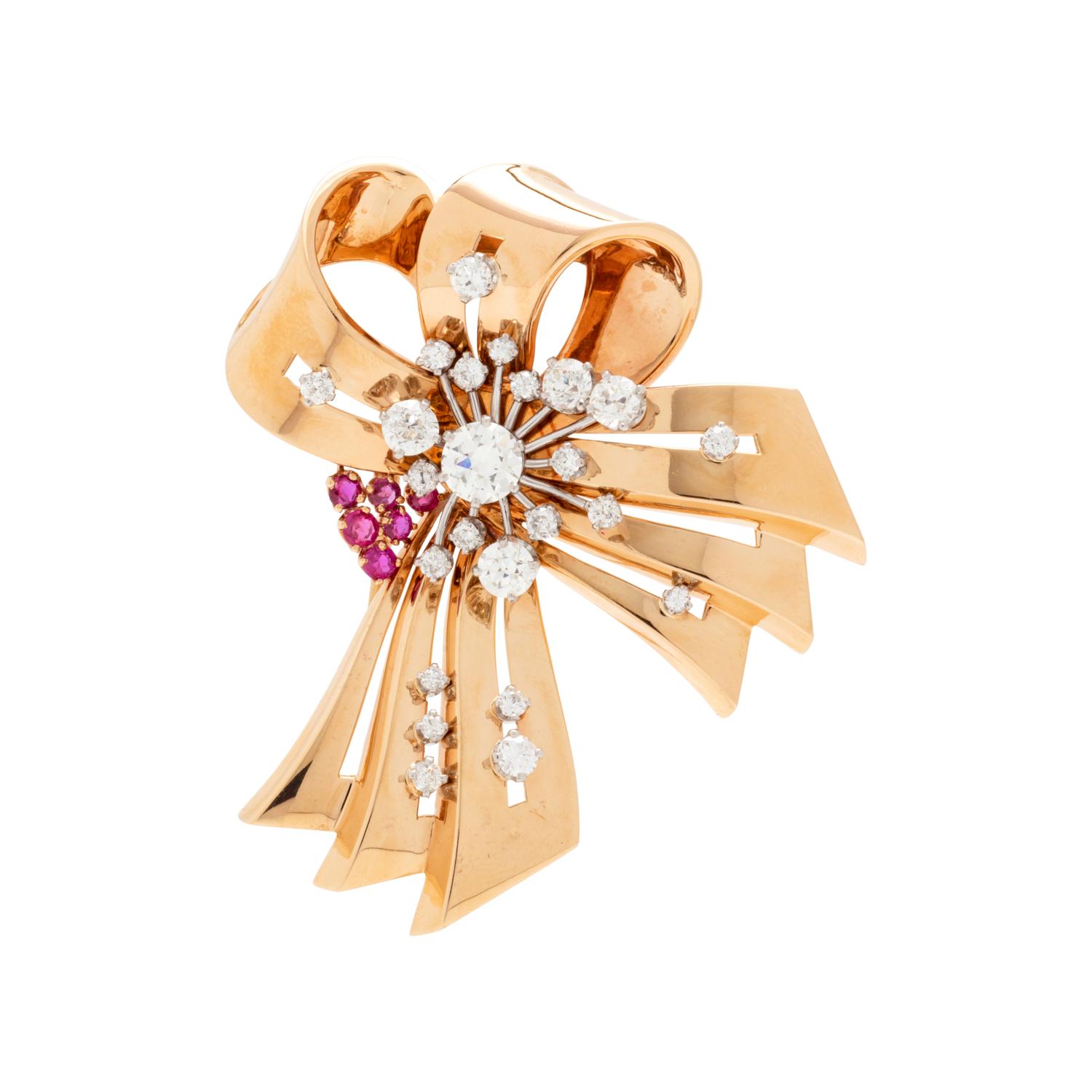 DIAMOND AND RUBY BOW MOTIF BROOCH