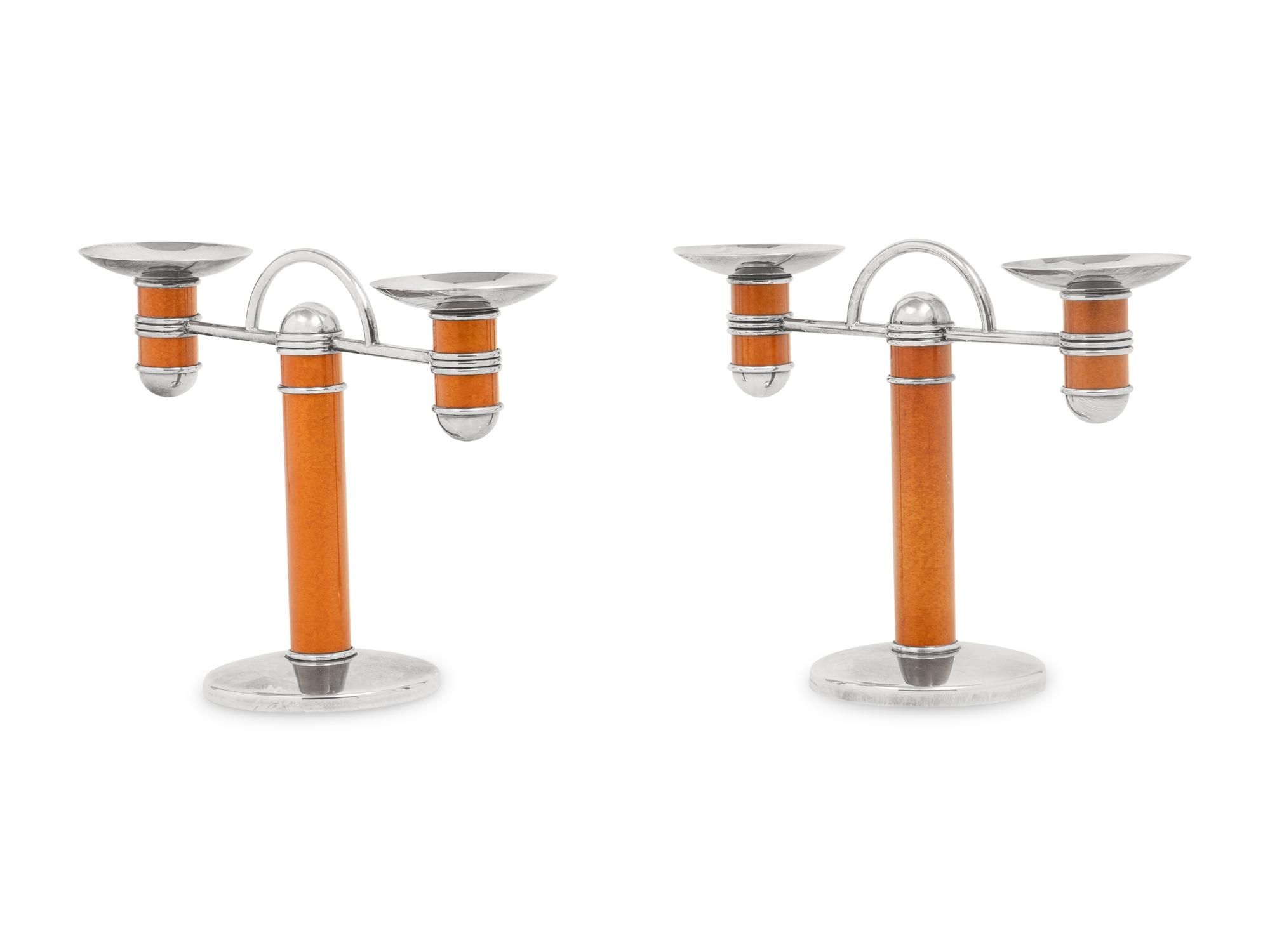 A Pair of Christofle Silver-Plate and Enamel Candelabra