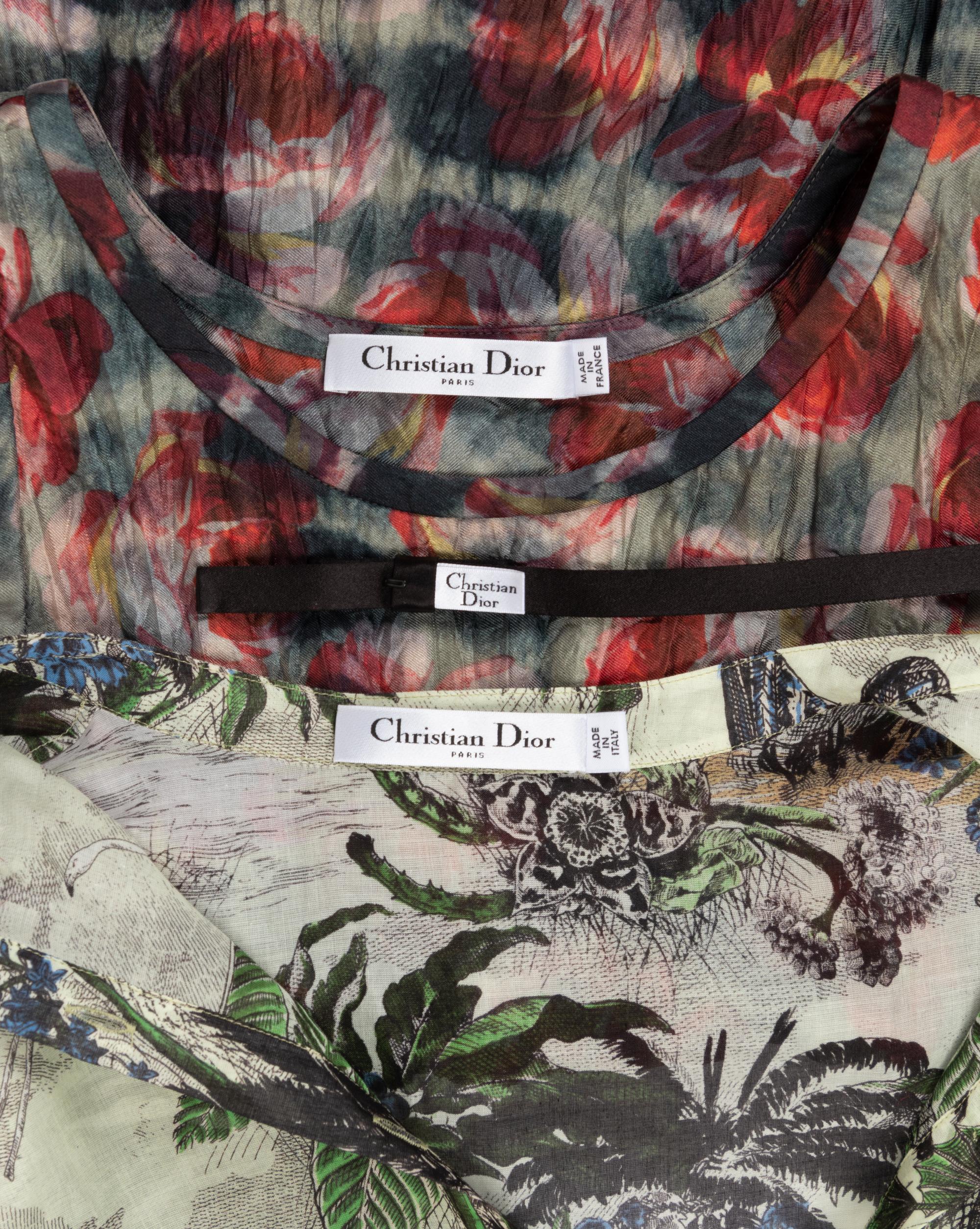 Five Christian Dior Pieces: One Silk Oversized Shirt and Skirt, One Floral Dress with Belt, One Tropical Print Tunic