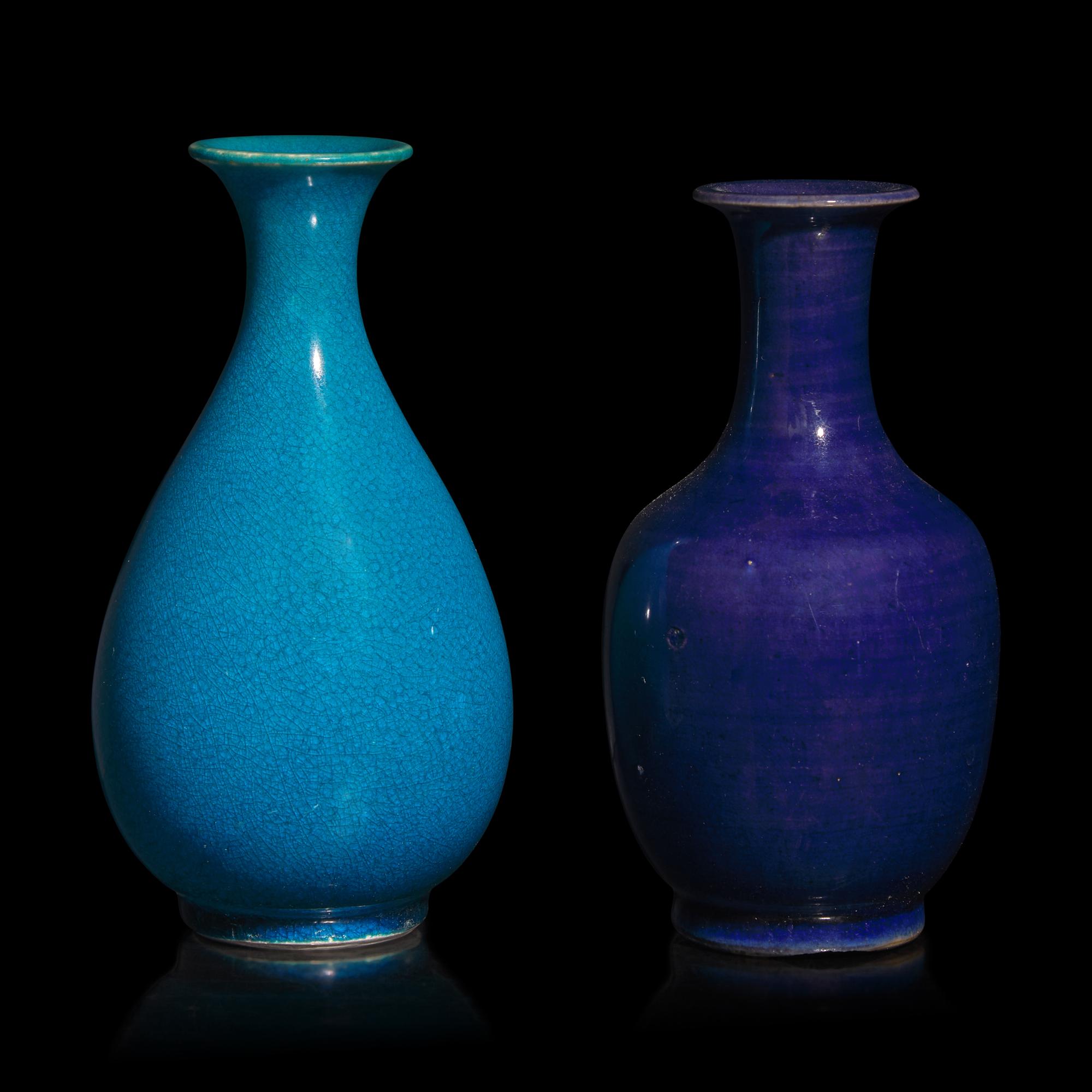 Two Chinese Blue Glazed Porcelain Vases, Late Qing Dynasty — 清晚期 孔雀藍釉玉壺春瓶及祭藍釉賞瓶