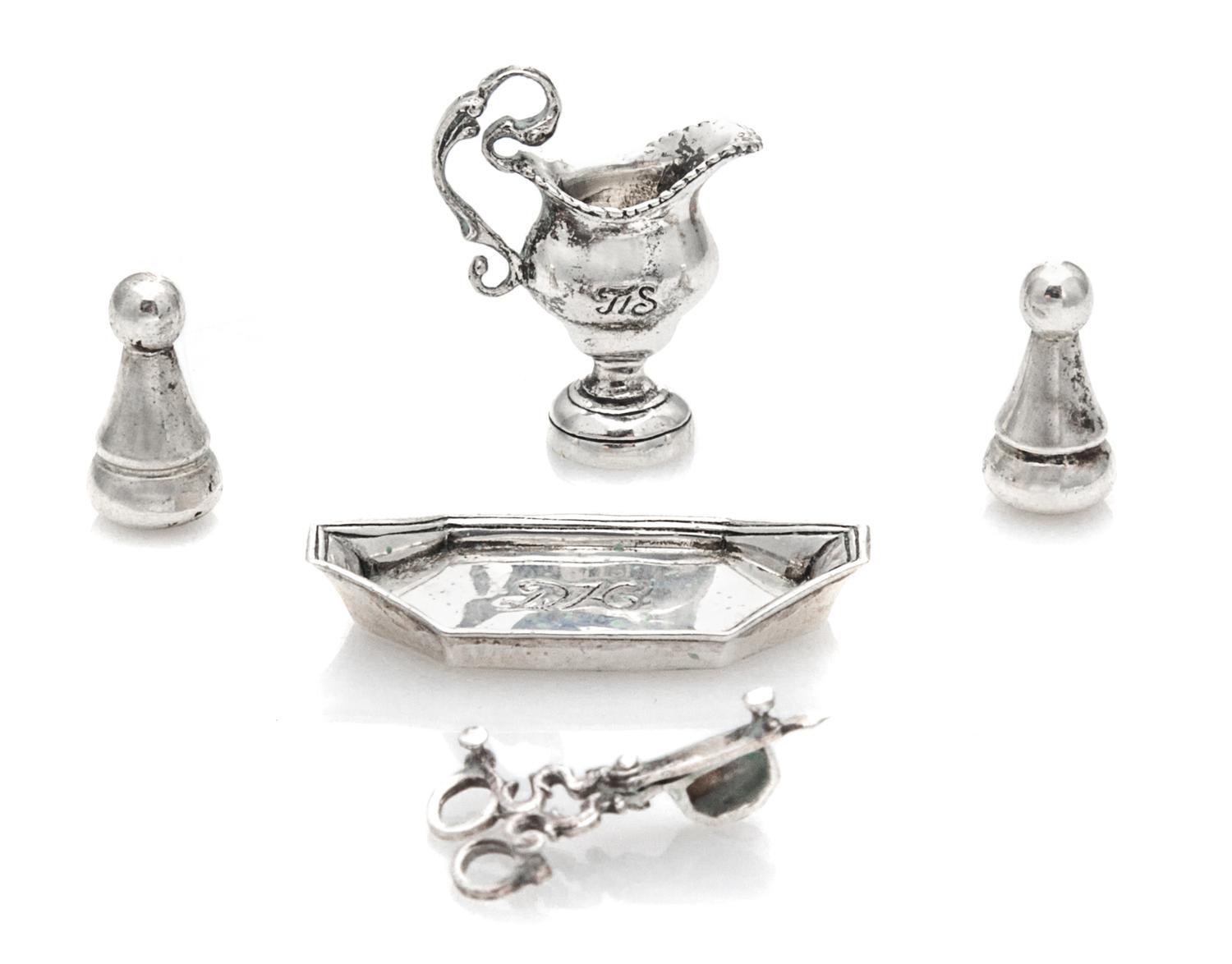 An American Silver Tray and Candle Shears, Obadiah Fisher, New York, NY, comprising a creamer, a dish, candle shears and two casters.