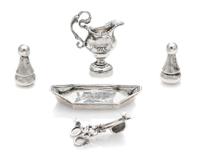 An American Silver Tray and Candle Shears, Obadiah Fisher, New York, NY, comprising a creamer, a dish, candle shears and two casters.