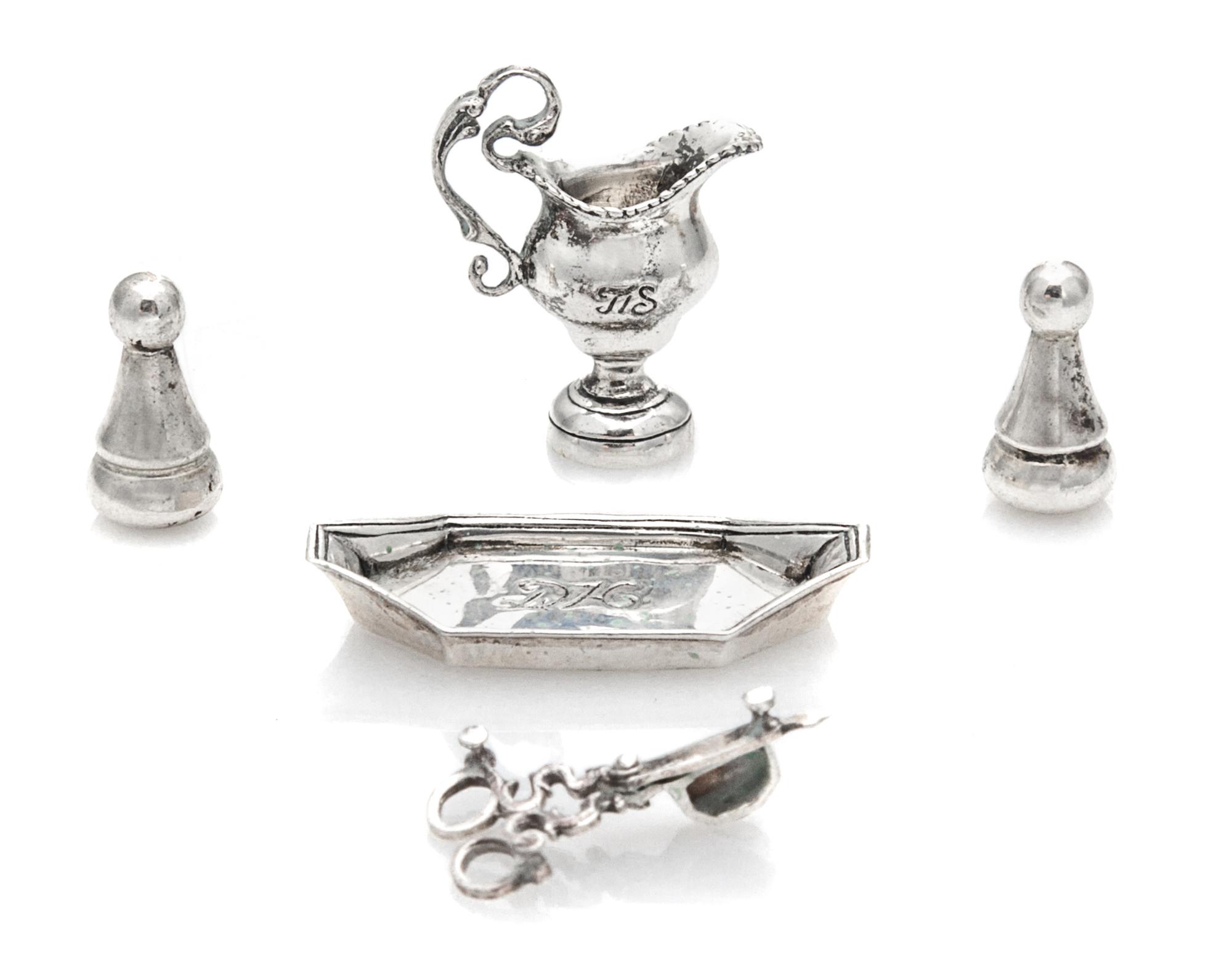 An American Silver Tray and Candle Shears, Obadiah Fisher, New York, NY, comprising a creamer, a dish, candle shears and two casters.