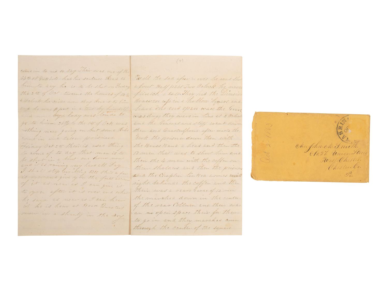 [CIVIL WAR]. Soldier's letter detailing the execution of an identified deserter by firing squad. "Head Quarters 1st Division 2nd Corp," 2 October 1863.