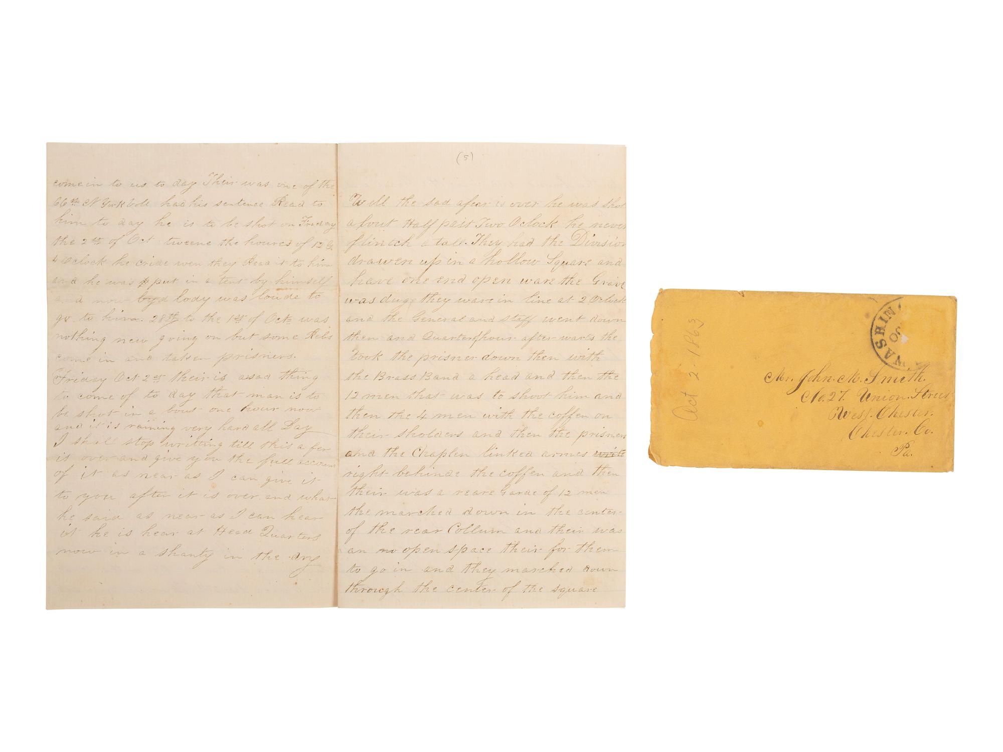 [CIVIL WAR]. Soldier's letter detailing the execution of an identified deserter by firing squad. "Head Quarters 1st Division 2nd Corp," 2 October 1863.