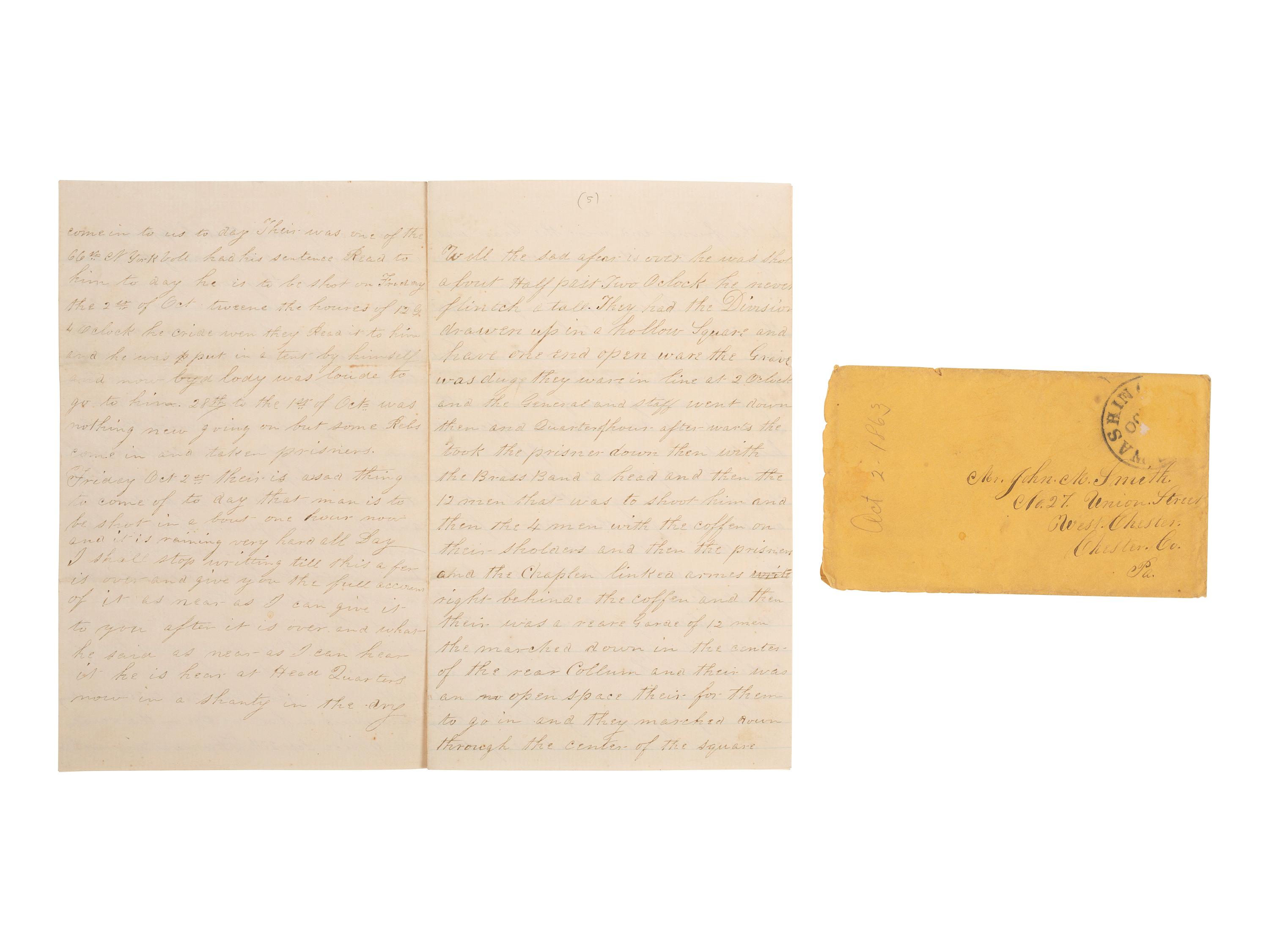 [CIVIL WAR]. Soldier's letter detailing the execution of an identified deserter by firing squad. "Head Quarters 1st Division 2nd Corp," 2 October 1863.