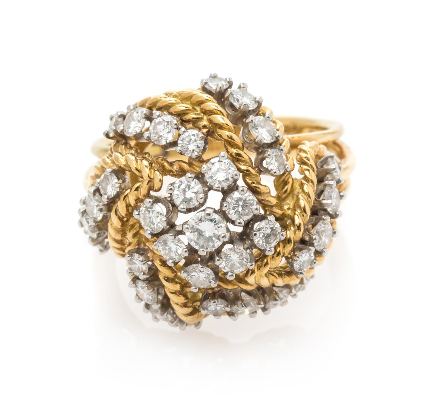 An 18 Karat Yellow Gold, Platinum, and Diamond Bombe Ring, 7.45 dwts.