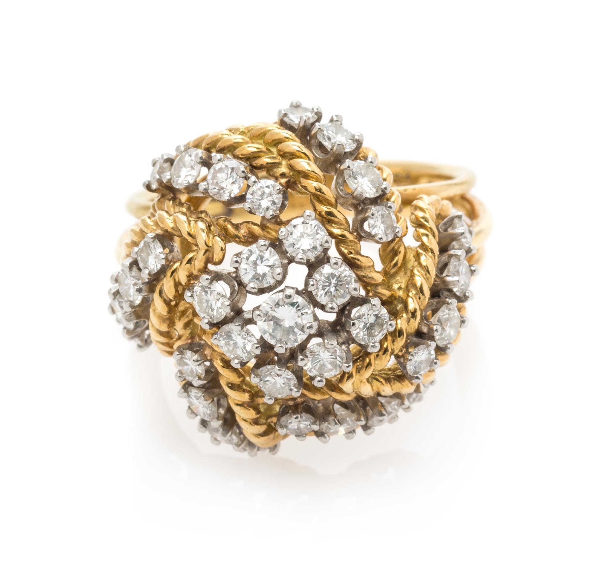An 18 Karat Yellow Gold, Platinum, and Diamond Bombe Ring, 7.45 dwts.