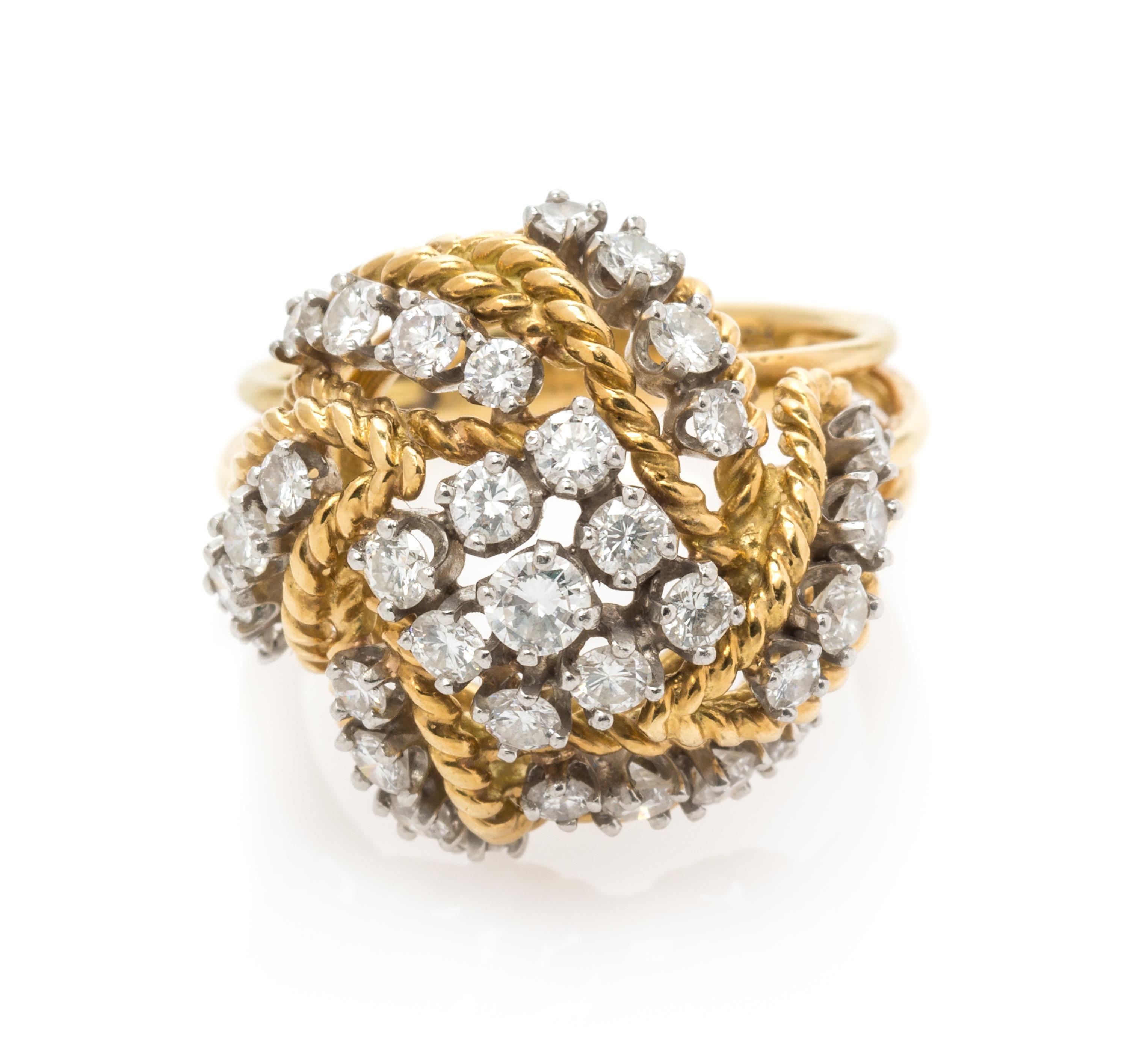 An 18 Karat Yellow Gold, Platinum, and Diamond Bombe Ring, 7.45 dwts.