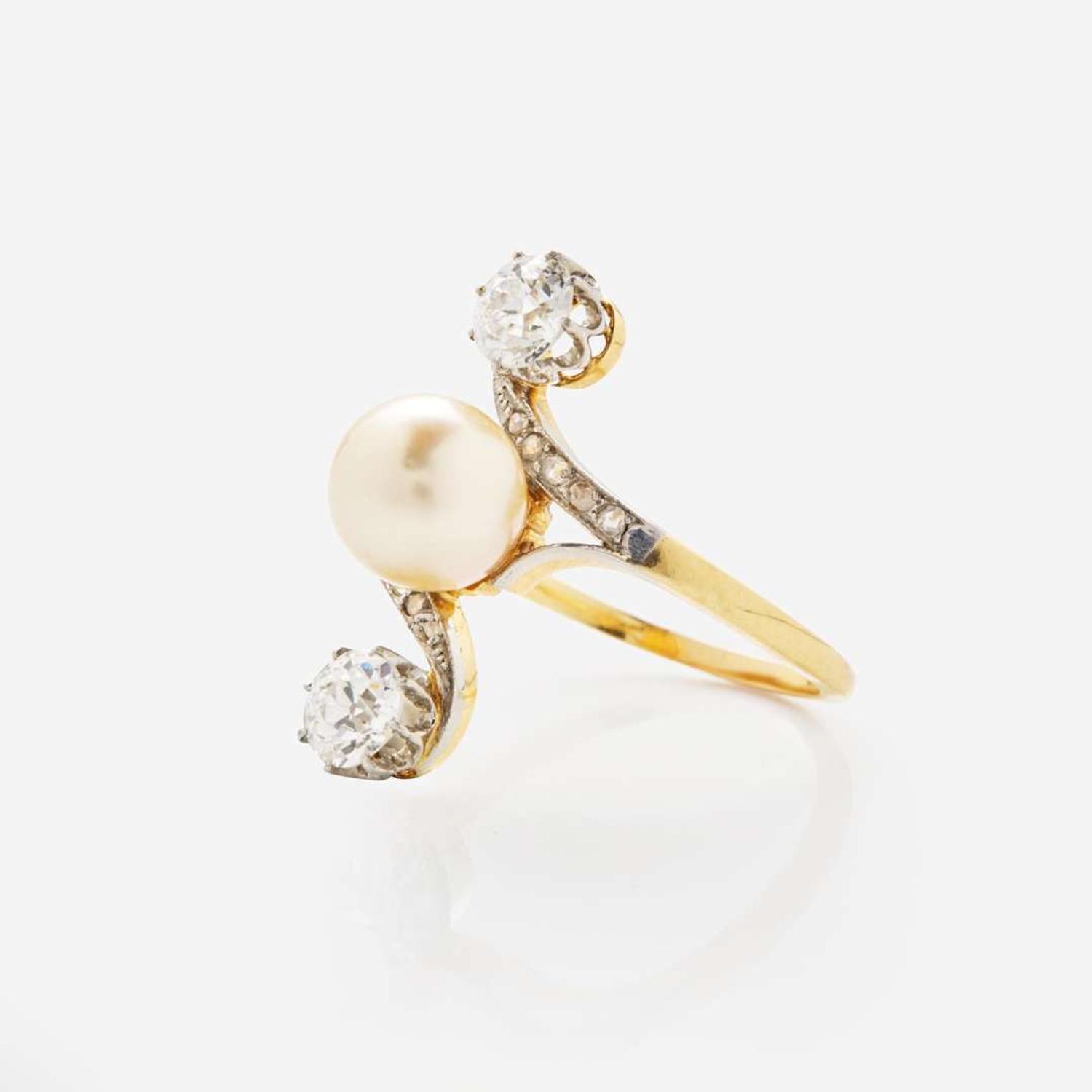 A Belle Epoque French 18K Gold, Platinum, Pearl, and Diamond Ring