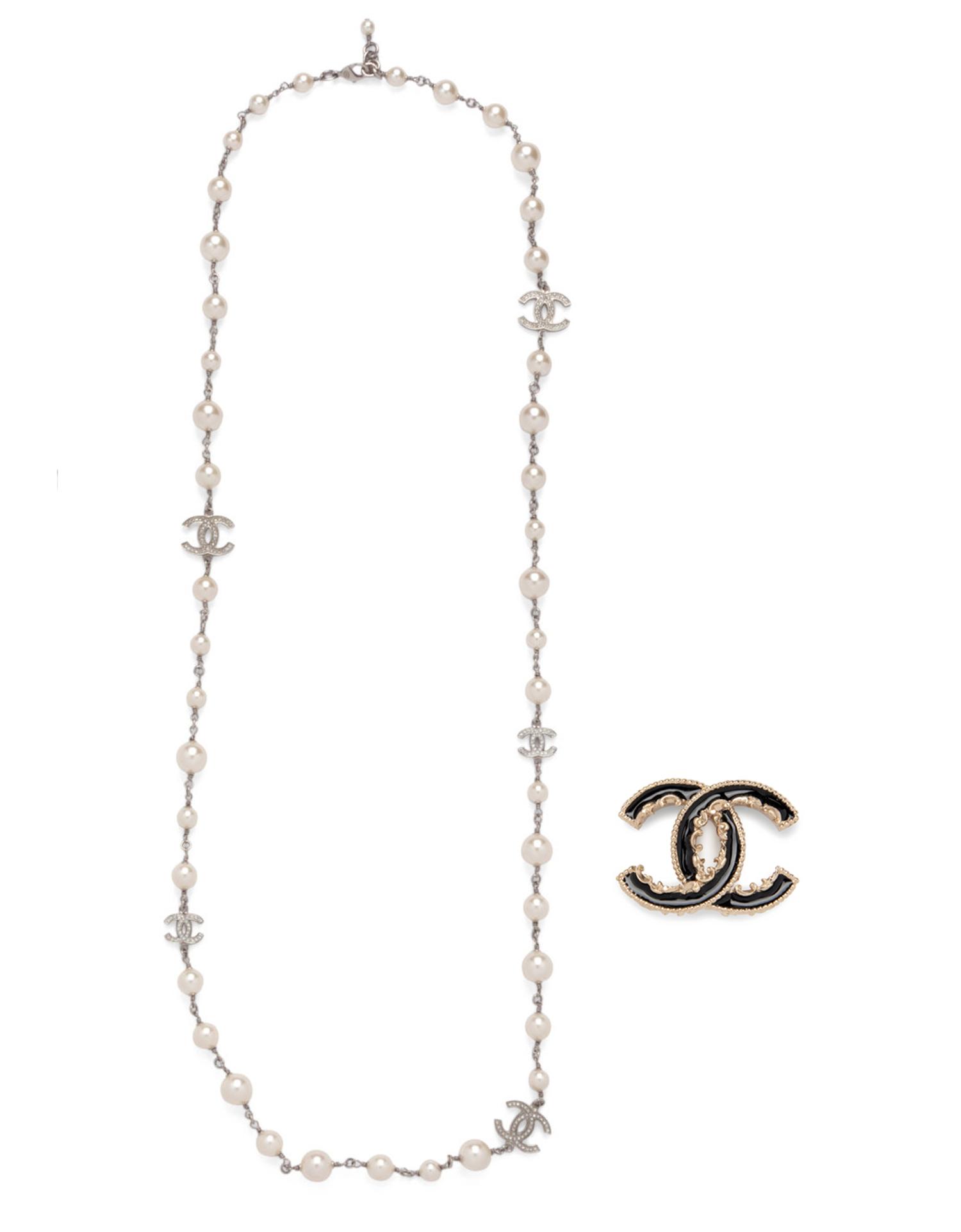 Chanel Pearl and Chain Necklace and Chanel Pin, 2013-14