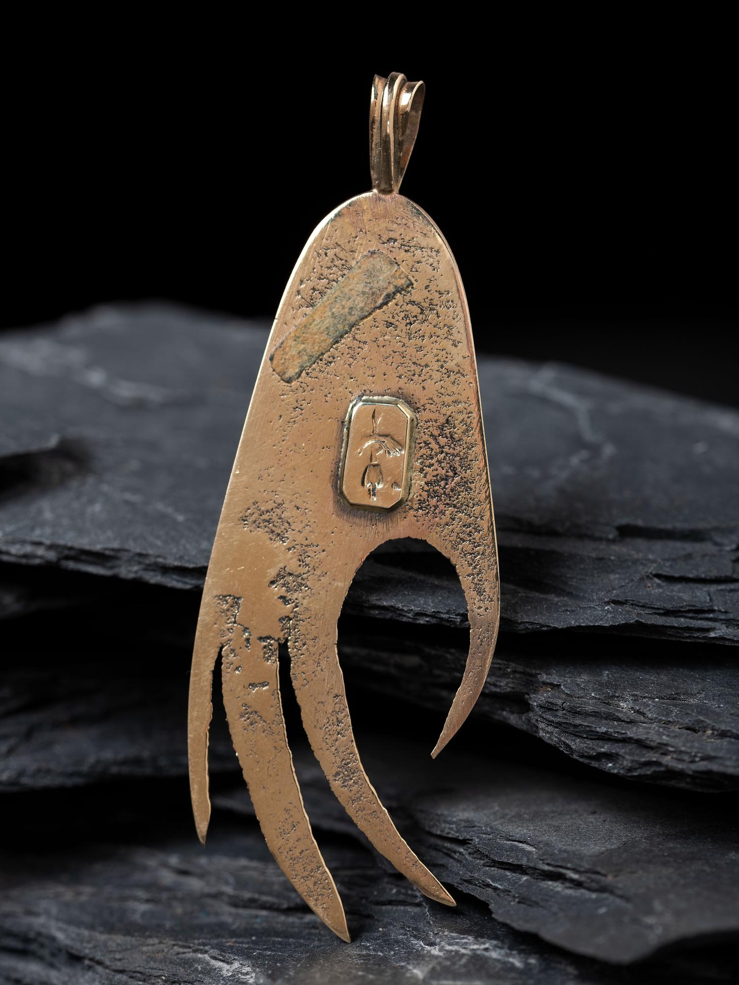 Tufa Cast 14K Gold, Turquoise, and Ironwood Bear Paw Pendant