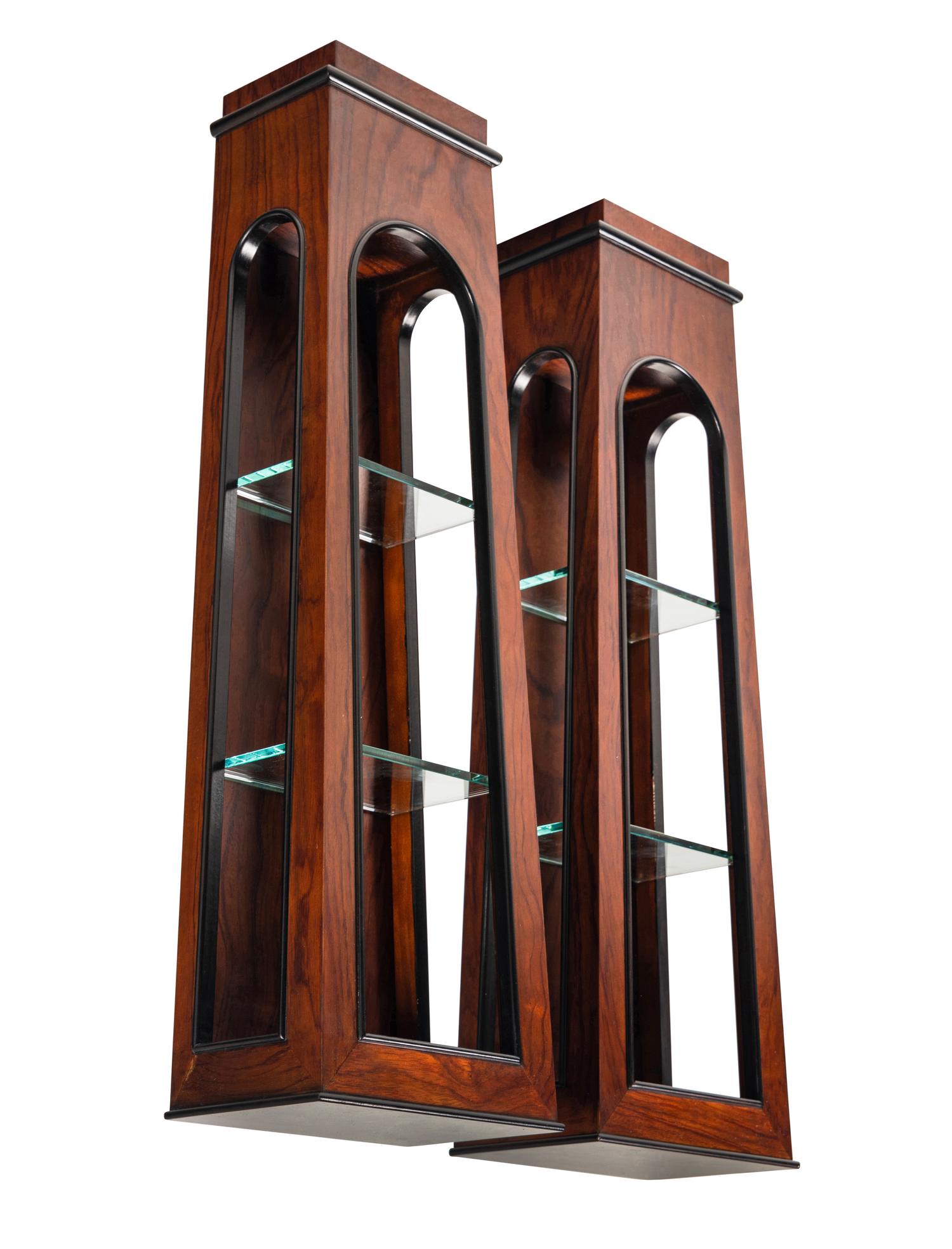 A Pair of Contemporary Rosewood and Glass Hanging Etageres