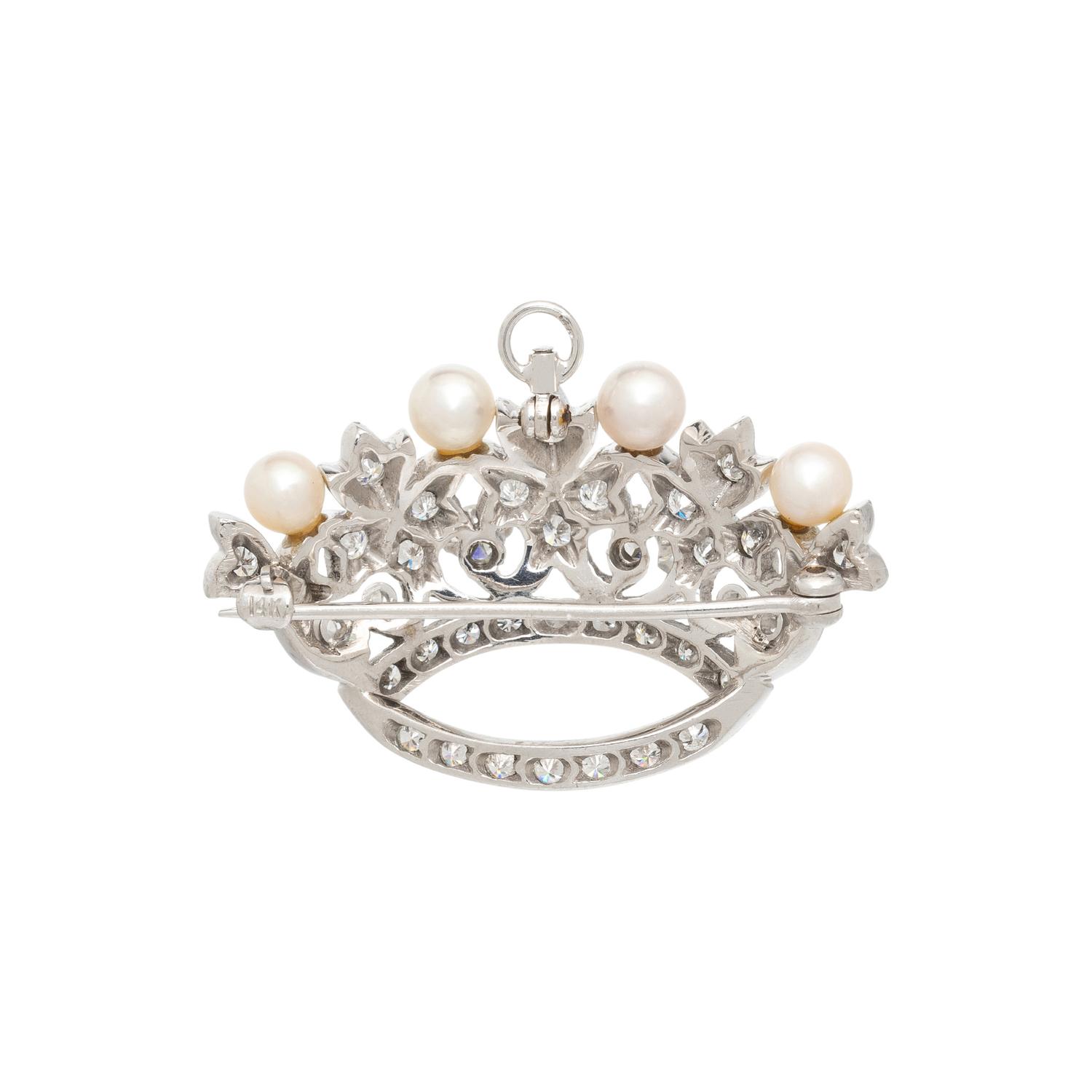 WHITE GOLD, DIAMOND, AND CULTURED PEARL CROWN BROOCH/PENDANT