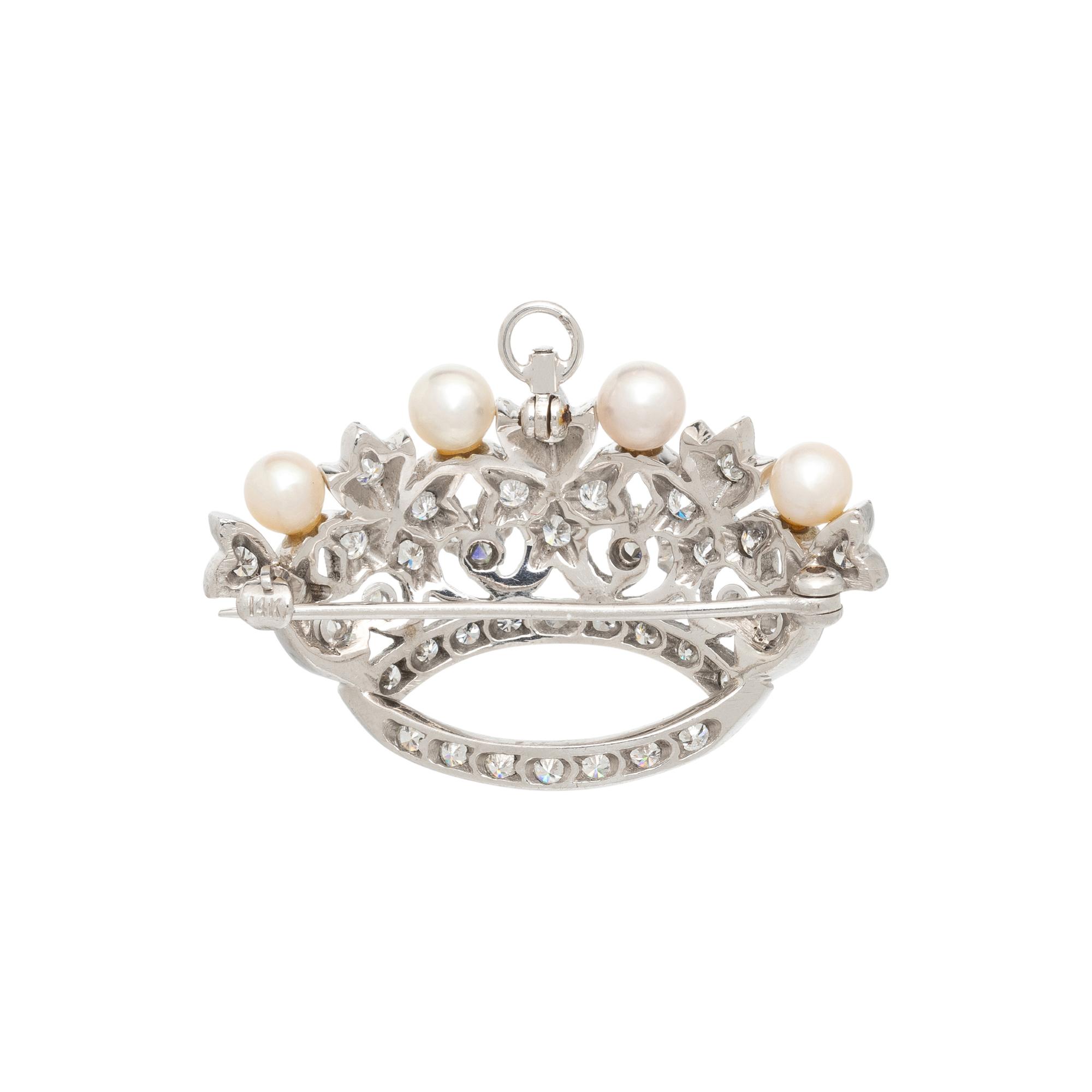 WHITE GOLD, DIAMOND, AND CULTURED PEARL CROWN BROOCH/PENDANT