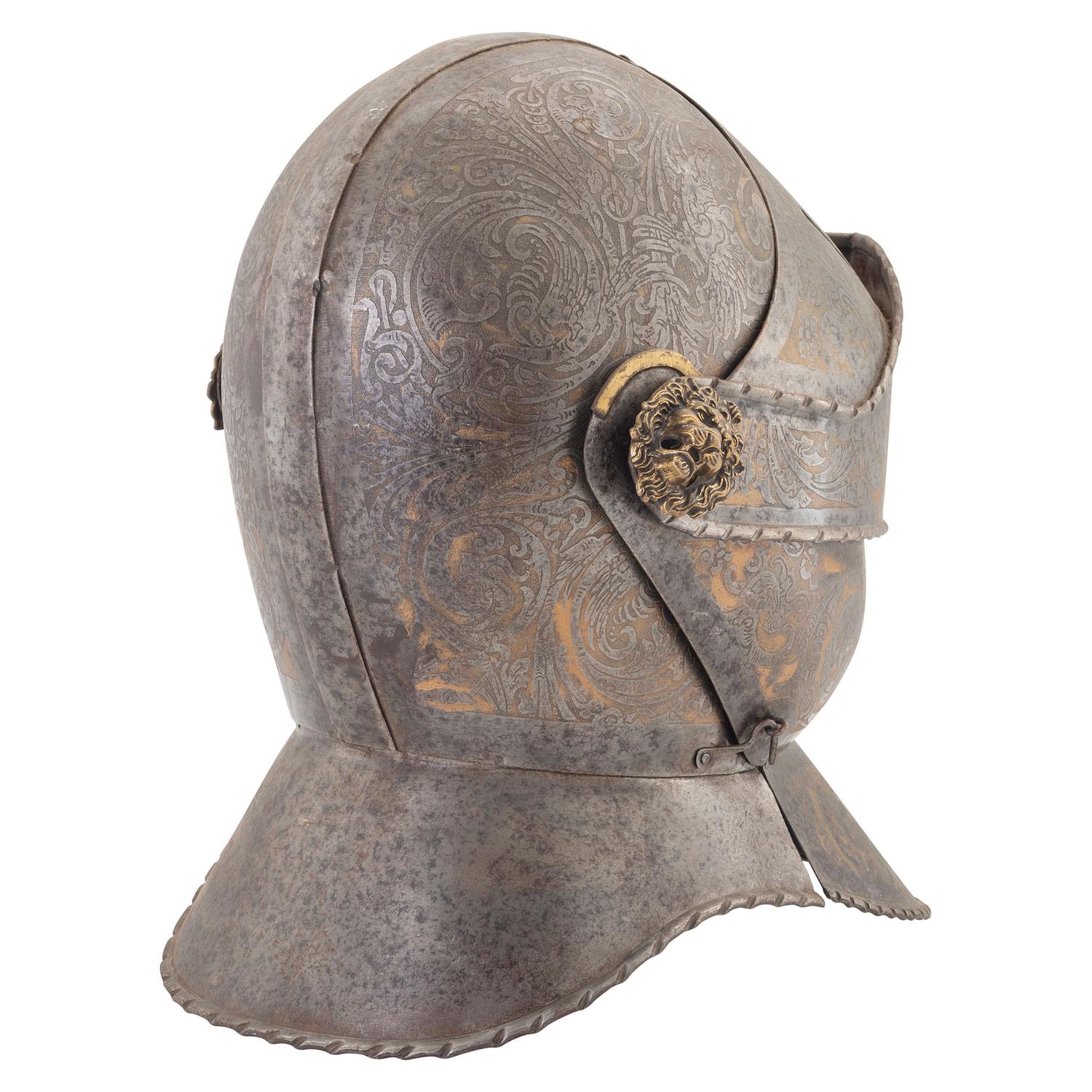 Reproduction of a 16th Century Close Helm with Etched and Gilt Decorations