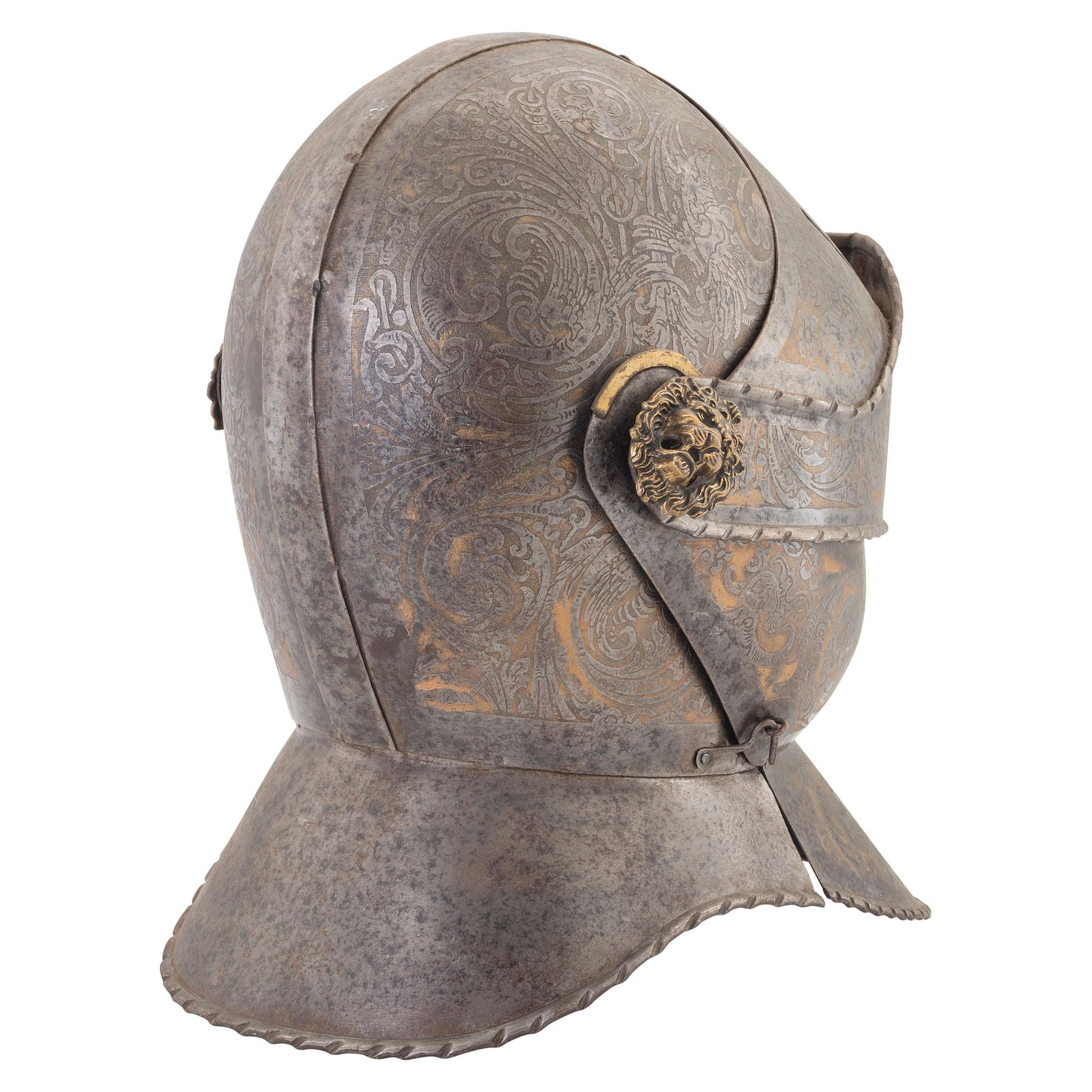 Reproduction of a 16th Century Close Helm with Etched and Gilt Decorations