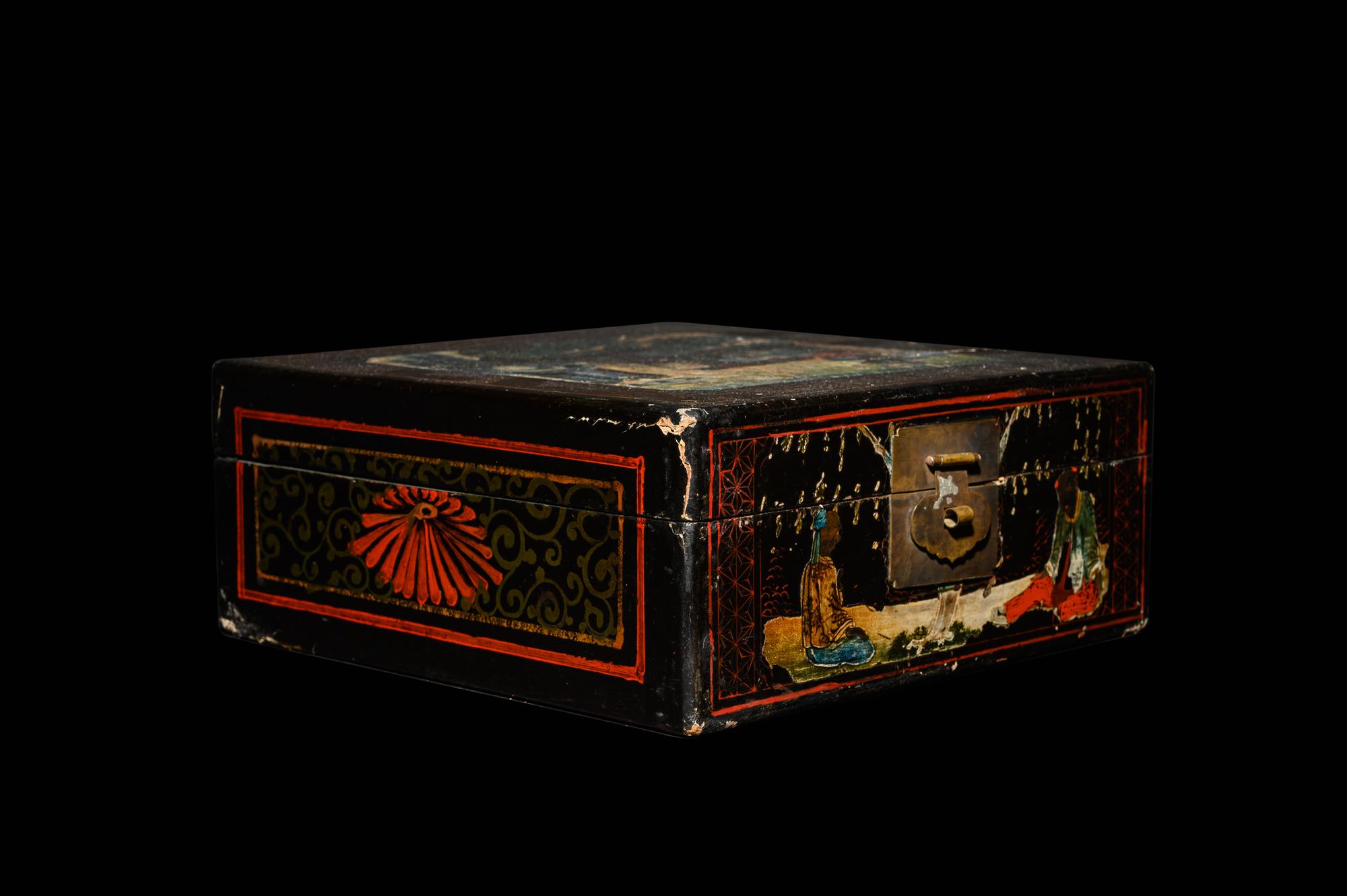 Two Gilt Decorated Black Lacquer Covered Boxes