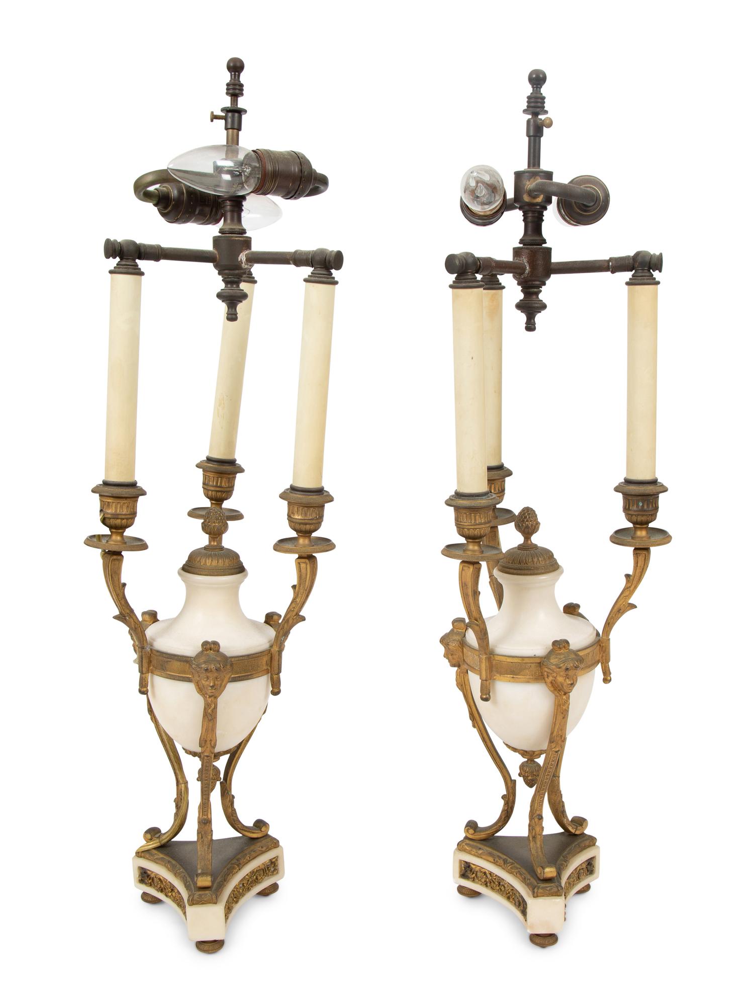 A Pair of Louis XVI Style Alabaster and Bronze Table Lamps — EARLY 20TH CENTURY