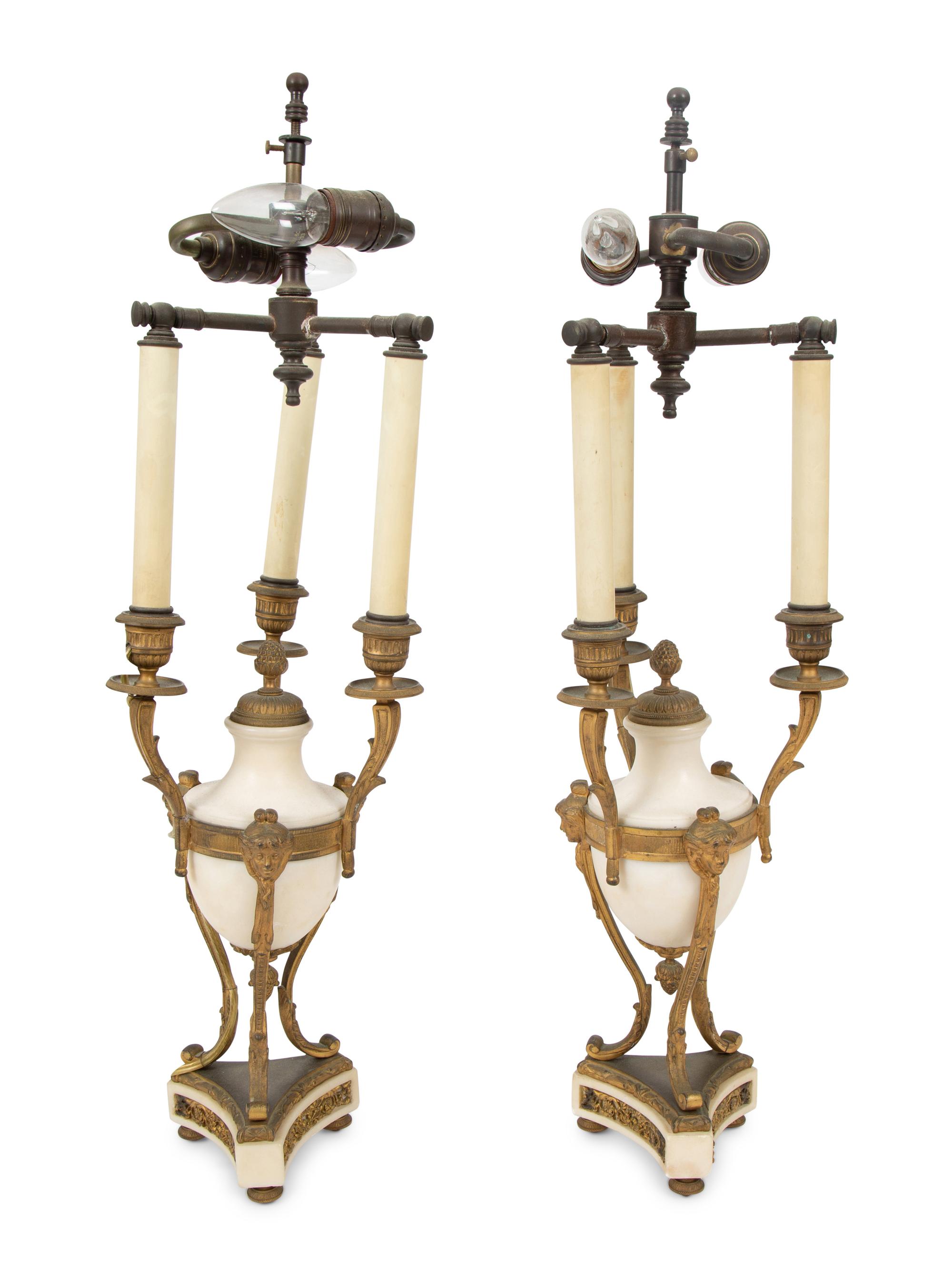 A Pair of Louis XVI Style Alabaster and Bronze Table Lamps — EARLY 20TH CENTURY