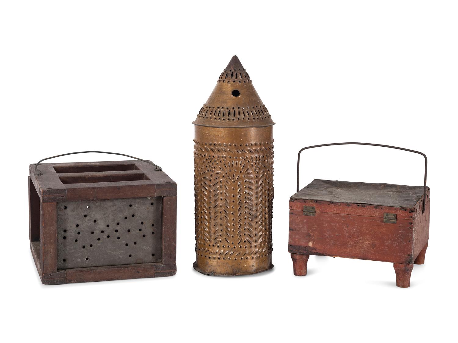 A Punched Tin Lantern And Two Foot Warmers