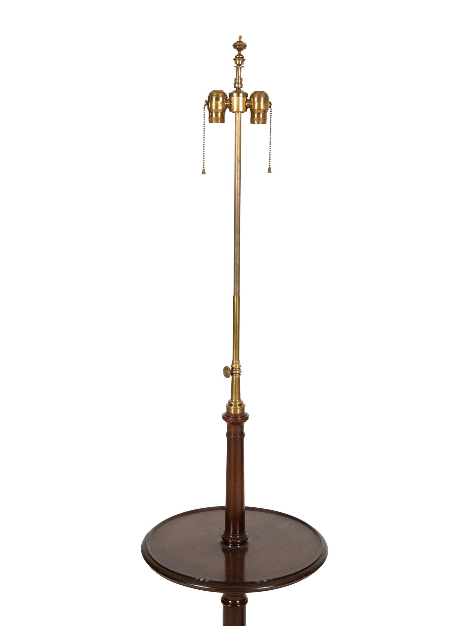 A Mahogany Two Light Floor Lamp with Table Shelf and a Jardinière Stand
