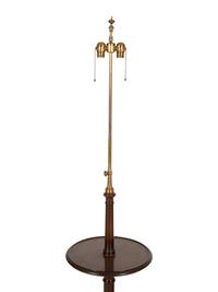 A Mahogany Two Light Floor Lamp with Table Shelf and a Jardinière Stand