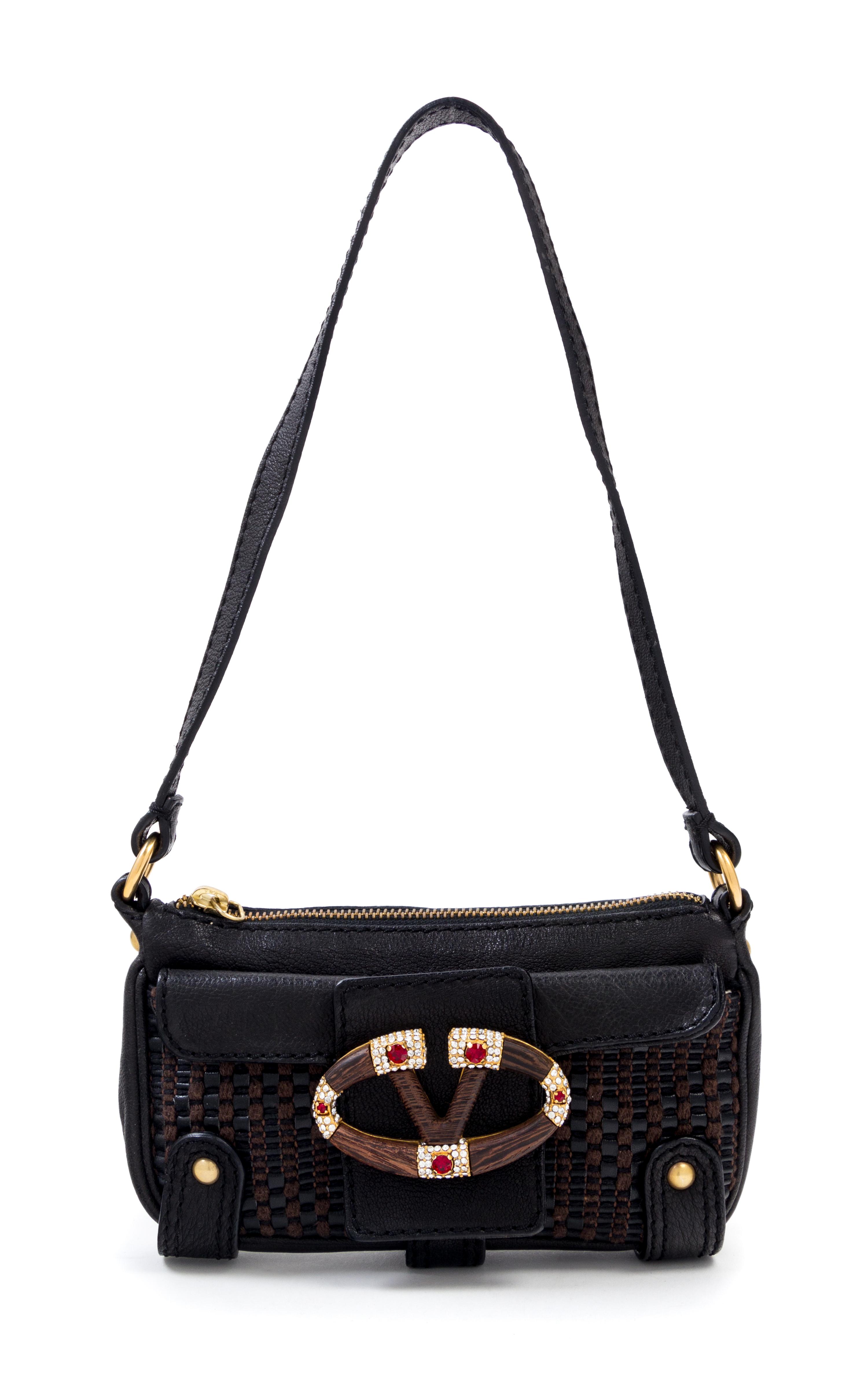 Valentino Brown Leather Woven Handbag, 1990-2000s 7.5" x 4.5" x 1"; Strap drop: 9.5"
