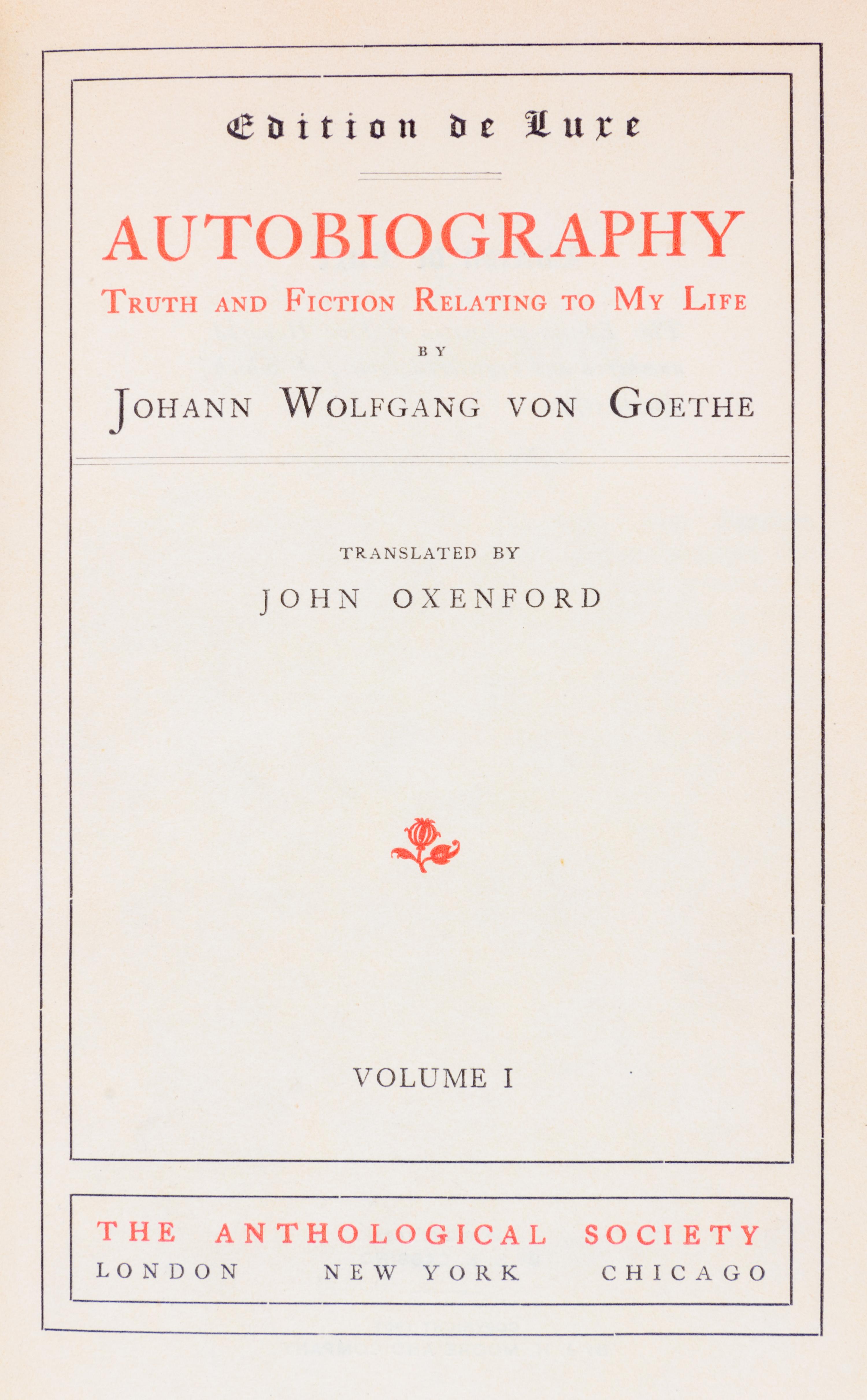 GOETHE, JOHANN WOLFGANG VON. Works. London, (1882). 10 vols. Edition de Luxe.