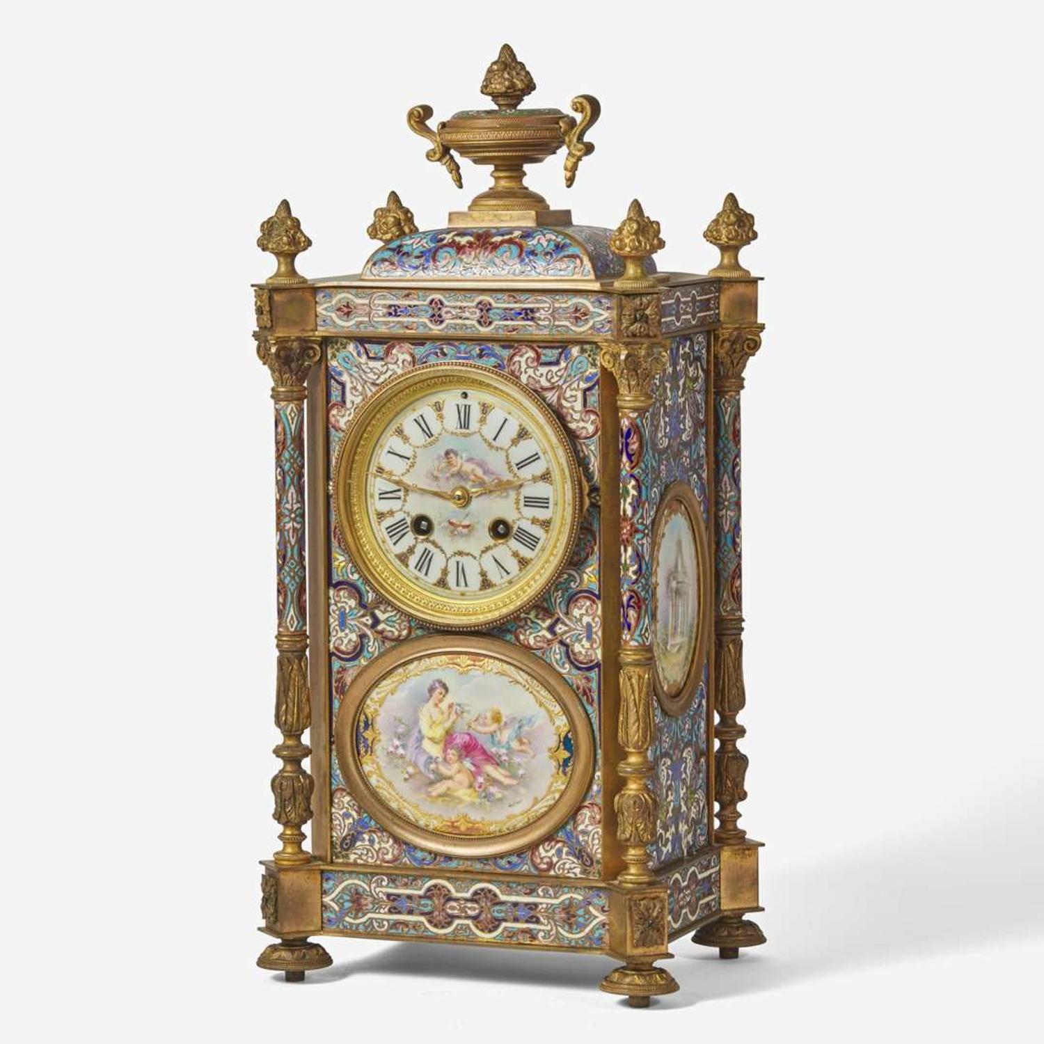 A French cloisonné enamel and gilt-bronze mounted mantel clock with painted porcelain set medallions Imported by Harris & Harrington (1896-1919), New York, circa 1900