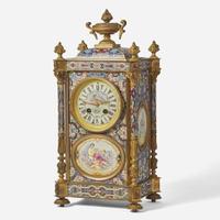 A French cloisonné enamel and gilt-bronze mounted mantel clock with painted porcelain set medallions Imported by Harris & Harrington (1896-1919), New York, circa 1900
