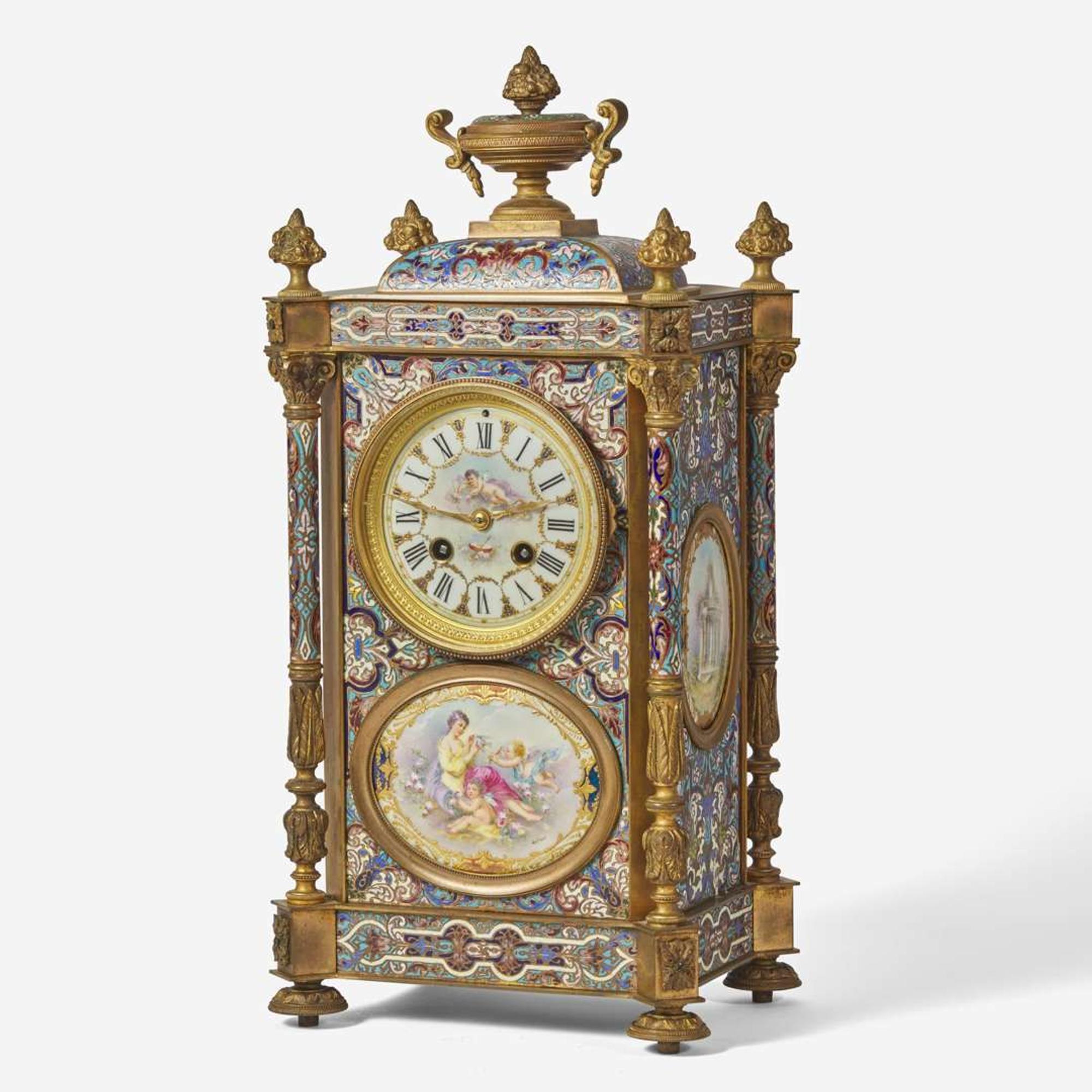 A French cloisonné enamel and gilt-bronze mounted mantel clock with painted porcelain set medallions Imported by Harris & Harrington (1896-1919), New York, circa 1900