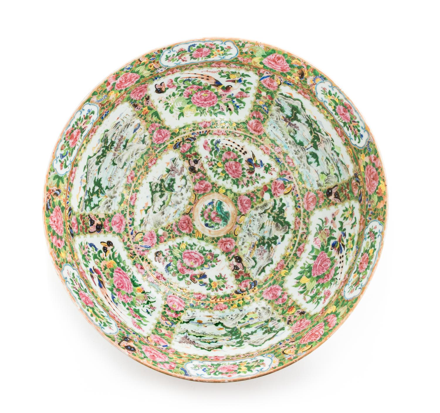 A Large and Fine Chinese Export Rose Canton Porcelain Punch Bowl Diameter 18 1/8 inches. — EARLY 19TH CENTURY