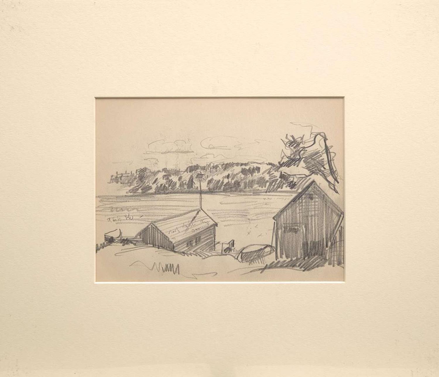 John Fulton Folinsbee (American, 1892-1972) 'Farm, Overturned Boat on Water', together with 'Cabin and Pines'