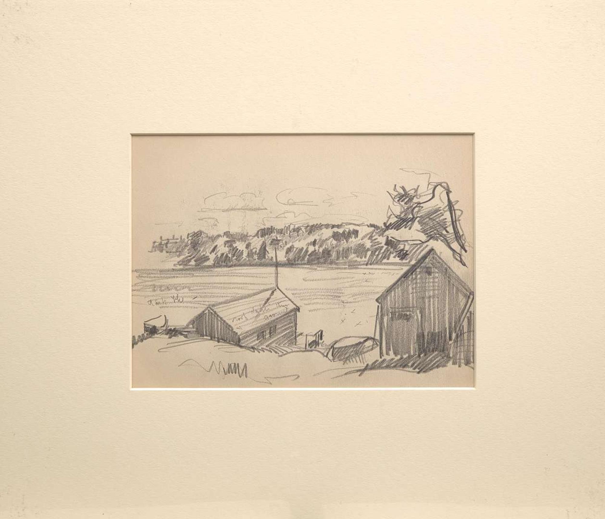 John Fulton Folinsbee (American, 1892-1972) 'Farm, Overturned Boat on Water', together with 'Cabin and Pines'