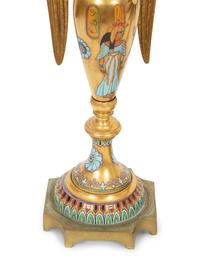 A Pair of Continental Egyptian Revival Porcelain and Gilt Bronze Urn Ornaments