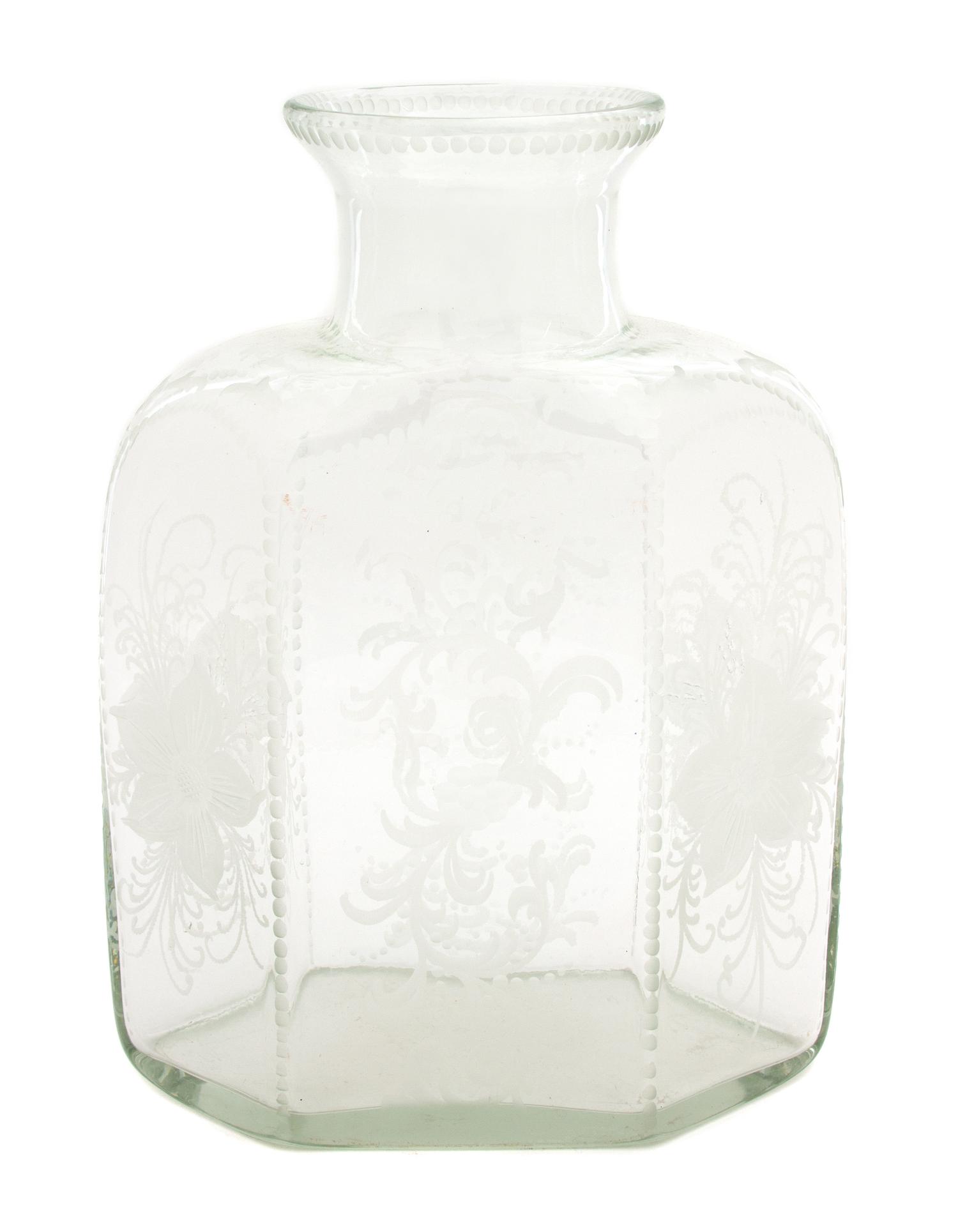 A Continental Etched Glass Hexagonal Bottle Height 12 3/4 inches. — 19TH CENTURY