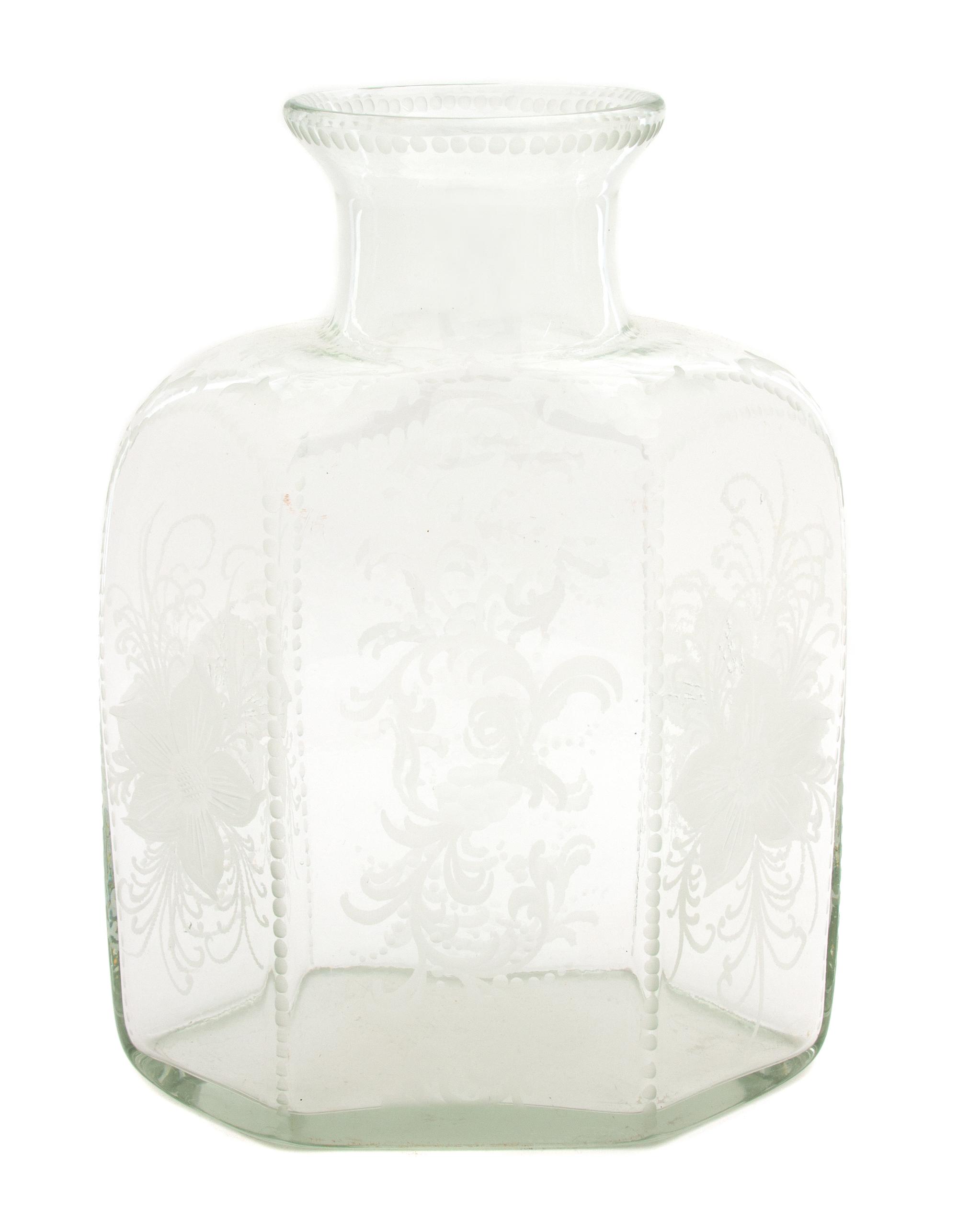 A Continental Etched Glass Hexagonal Bottle Height 12 3/4 inches. — 19TH CENTURY