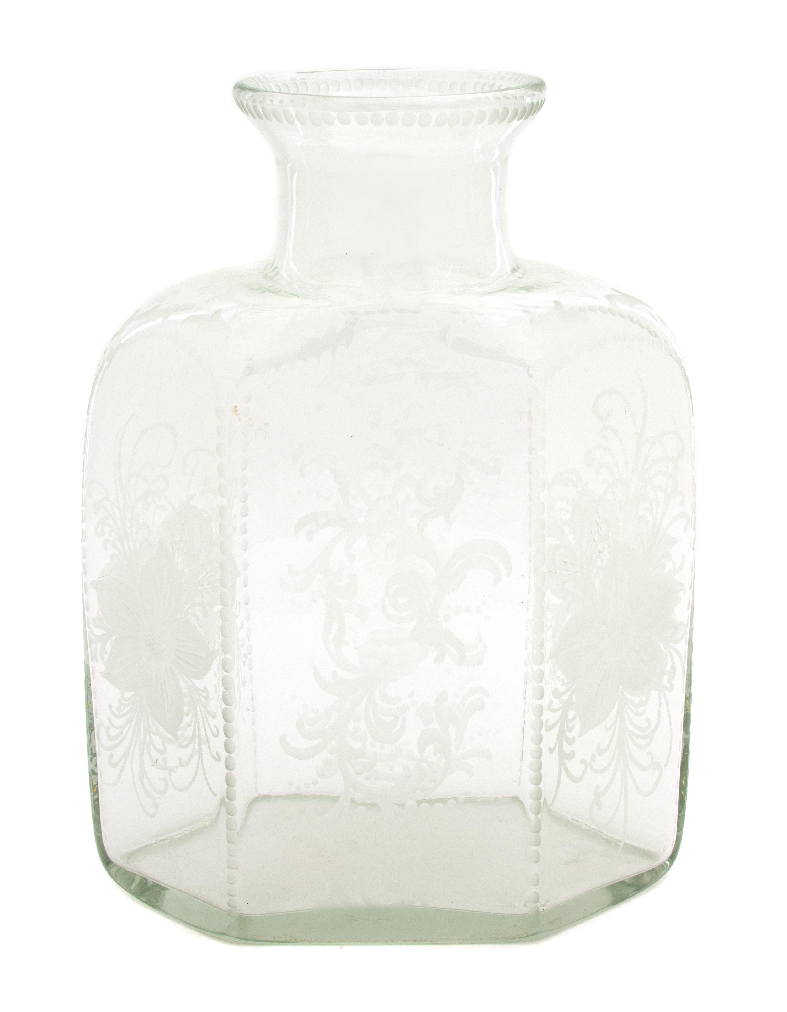 A Continental Etched Glass Hexagonal Bottle Height 12 3/4 inches. — 19TH CENTURY
