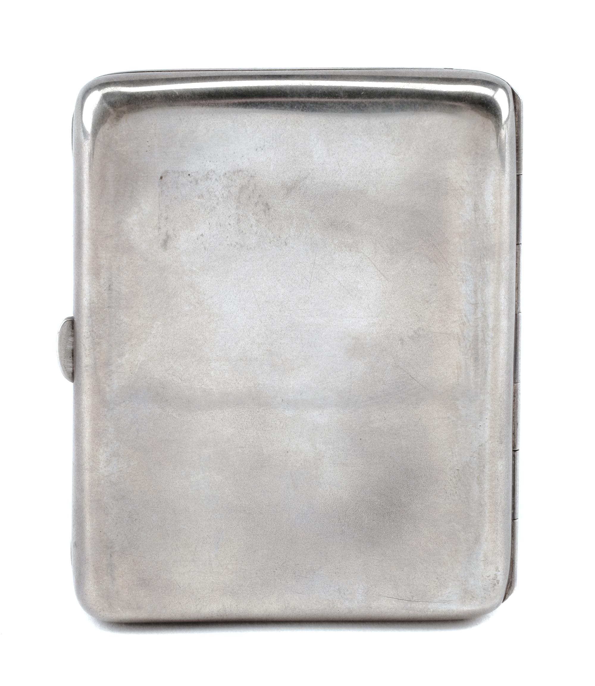 A German Enameled Silver Cigarette Case, Late 19th/Early 20th Century, the lid decorated with a nude figure bathing in a brook.